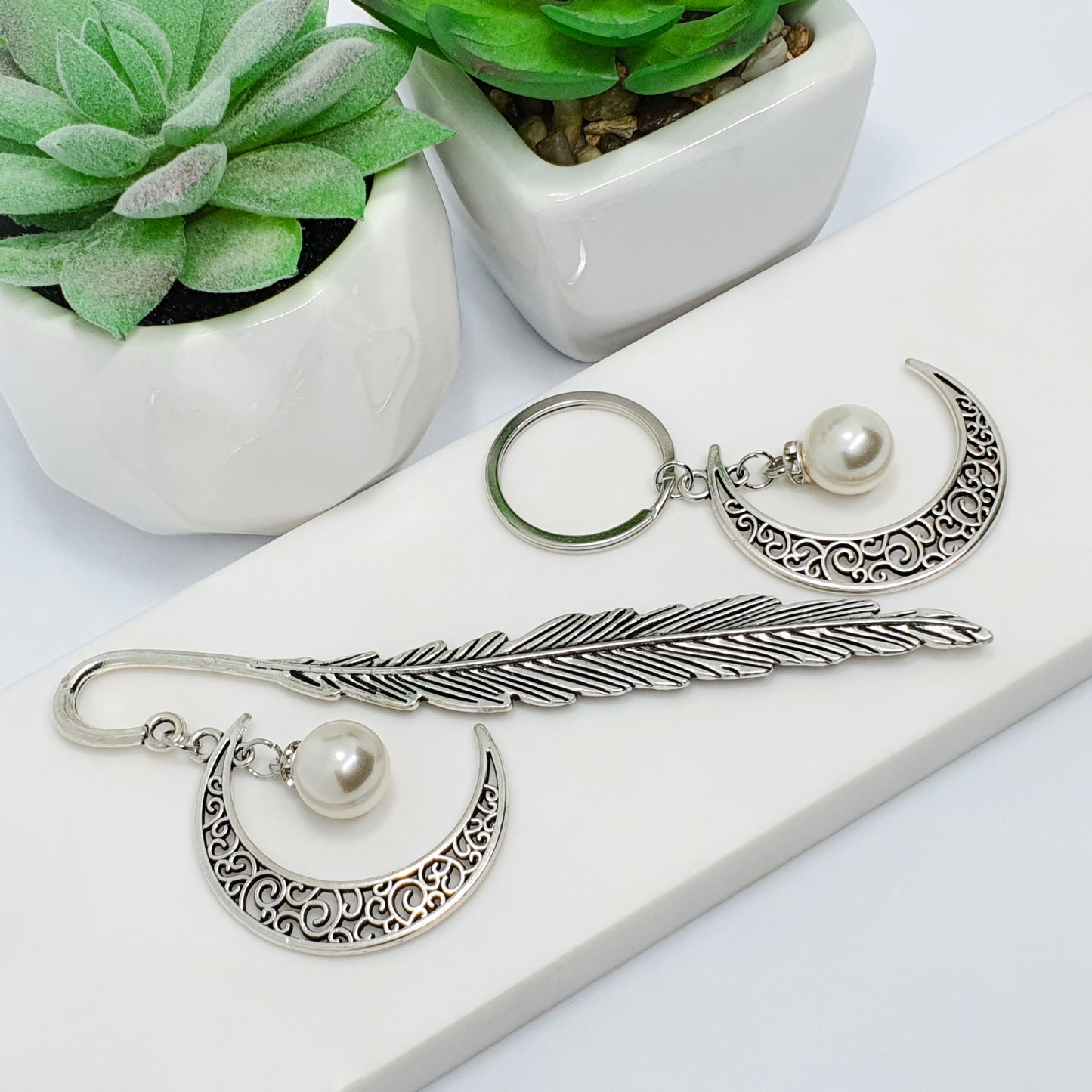 Silver glass pearl and clear rhinestone crescent leaf bookmark and keychain gift set, end of year, teacher, student