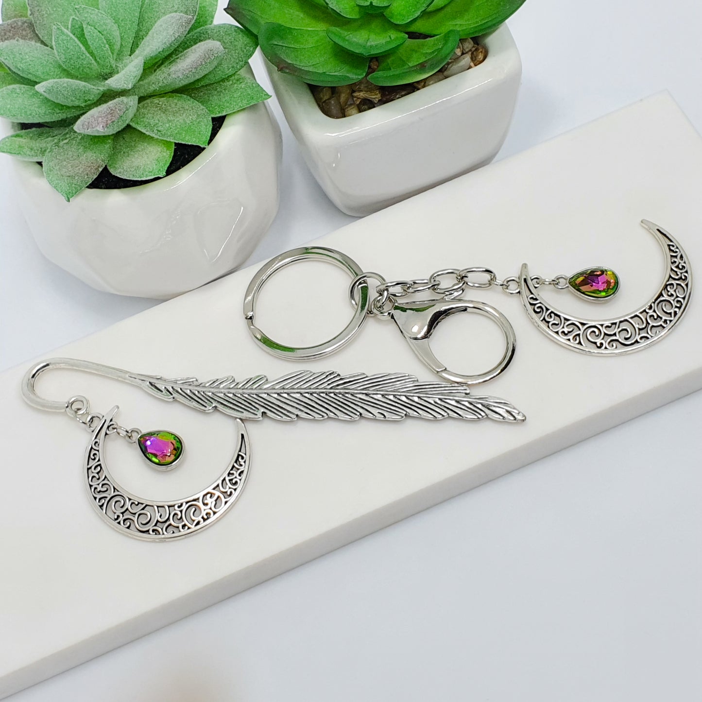 Silver Multi Coloured Northern Lights (pink, yellow and green) crescent leaf bookmark and keychain gift set, end of year, teacher, student