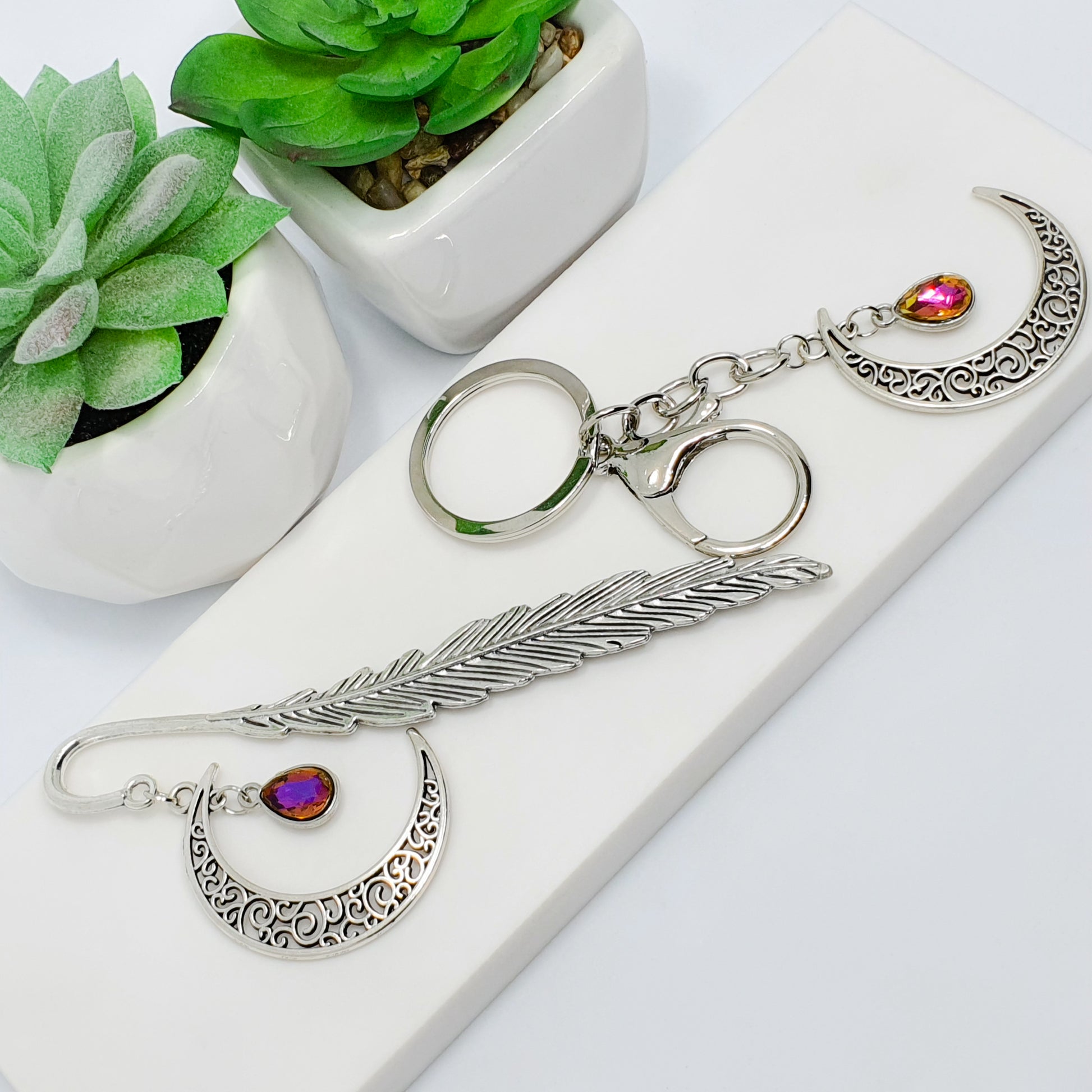 Silver Multi Coloured Sunrise (purple, pink and orange) crescent leaf bookmark and keychain gift set, end of year, teacher, student