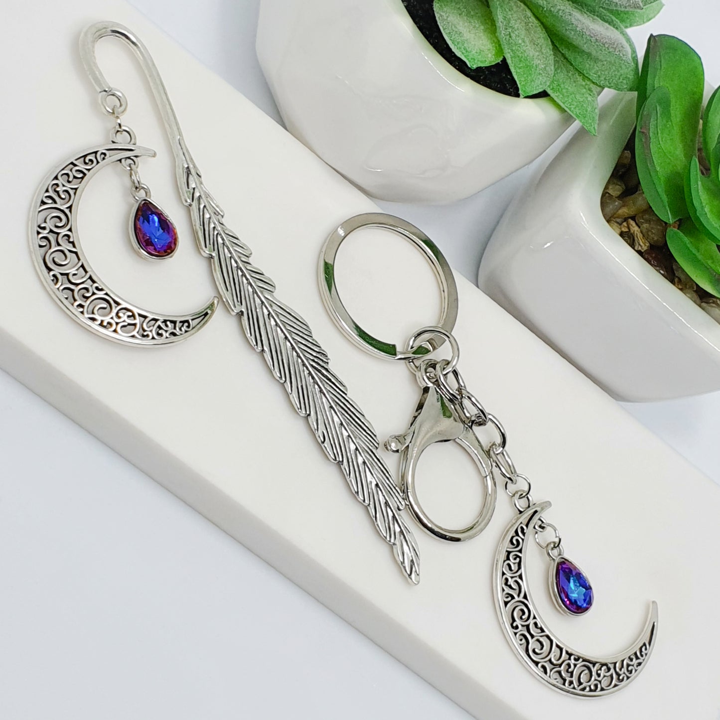 Silver Multi Coloured Sunset (purple, pink and blue) crescent leaf bookmark and keychain gift set, end of year, teacher, student