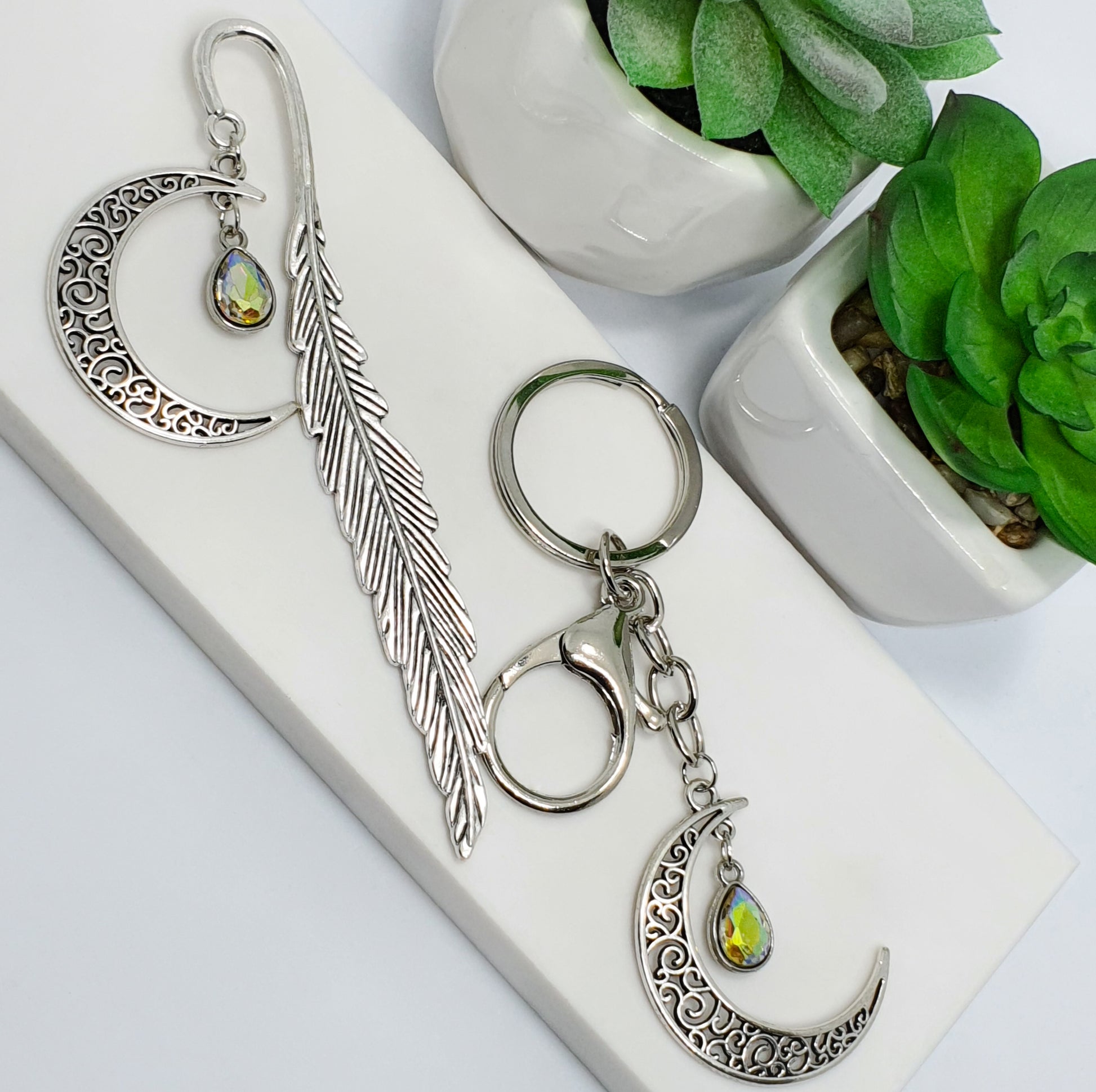 Silver Multi Coloured Iridescent Lights (pink, purple, green, blue, yellow and orange) crescent leaf bookmark and keychain gift set, end of year, teacher, student