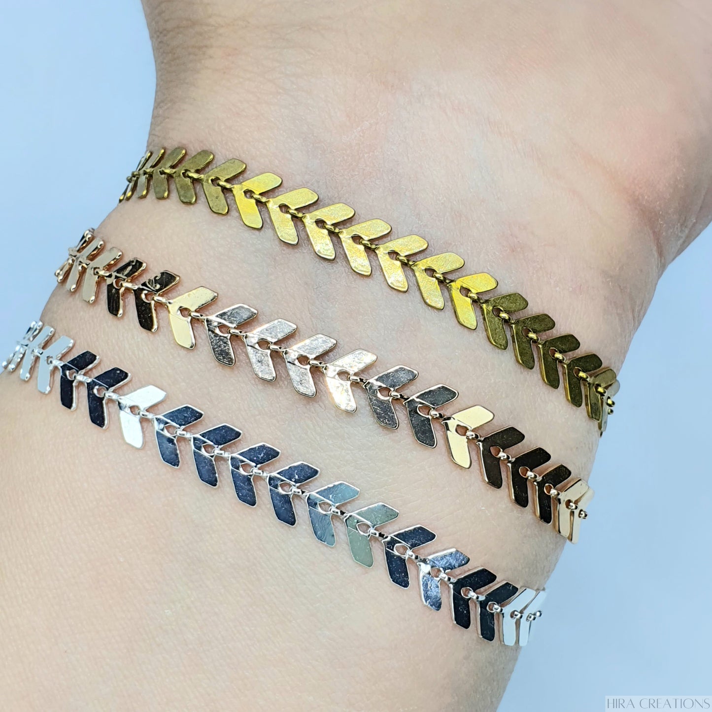 Chevron Bracelets (top to bottom): Gold, Rose Gold, Silver