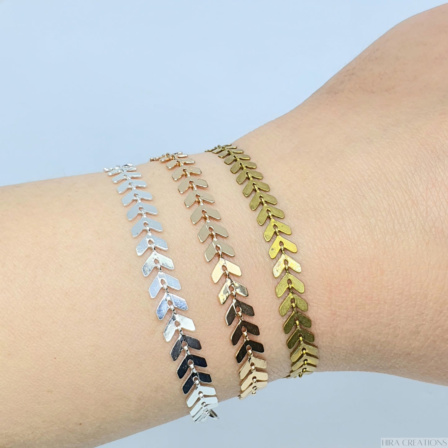 Chevron Bracelets (left to right): Silver, Rose Gold, Gold