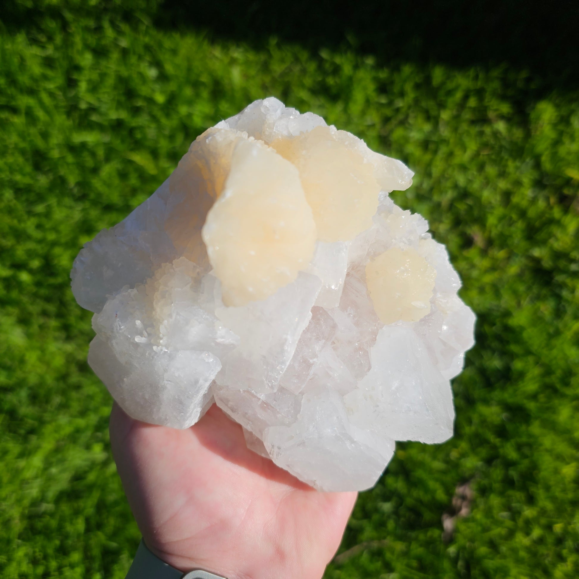 Apophyllite & Stilbite specimen with beautiful rainbows.  Approx. 7.5 x 13 x 12.5  Approx. 987g | Birthday Gifts, Anniversary Gifts, Valentine's Day, Christmas, Easter, Eid, Mother's Day, Diwali, Hannukah, Women's, Girl's, Gifts for her, Gifts for Girlfriend, Gifts for Mom, Gifts for Mum, Gifts for Friend, Handmade Gifts, Handmade Jewelry, New Year's Eve, Graduation, Boho, Hippie, Minimalist, Gemstone, Crystal, Crystal Healing