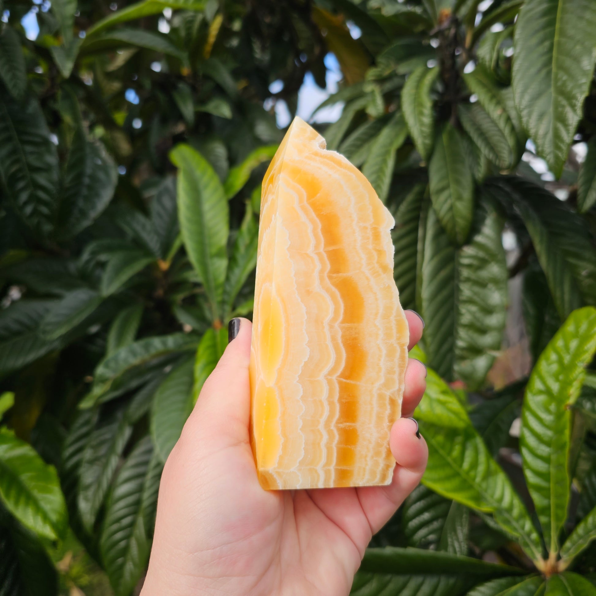 Polished yellow calcite slab tower with raw edge and beautiful banding.  Approx. 13.9 x 5.8 x 3 Approx. 474g | Birthday Gifts, Anniversary Gifts, Valentine's Day, Christmas, Easter, Eid, Mother's Day, Diwali, Hannukah, Women's, Girl's, Gifts for her, Gifts for Girlfriend, Gifts for Mom, Gifts for Mum, Gifts for Friend, Handmade Gifts, Handmade Jewelry, New Year's Eve, Graduation, Boho, Hippie, Minimalist, Gemstone, Crystal, Crystal Healing