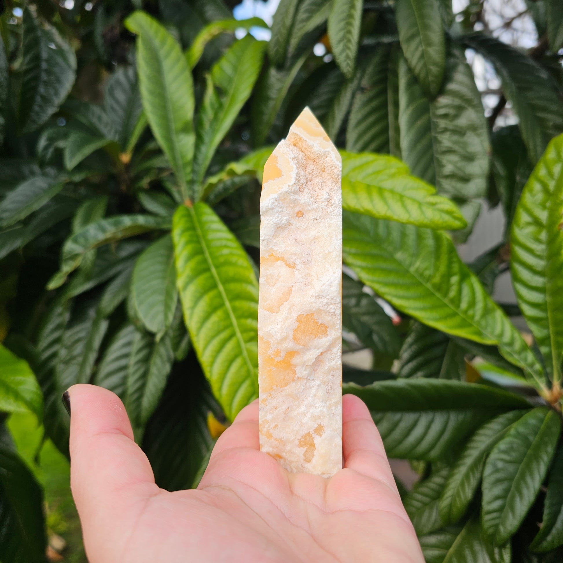 Polished yellow calcite slab tower with raw edge and beautiful banding.  Approx. 13.9 x 5.8 x 3 Approx. 474g | Birthday Gifts, Anniversary Gifts, Valentine's Day, Christmas, Easter, Eid, Mother's Day, Diwali, Hannukah, Women's, Girl's, Gifts for her, Gifts for Girlfriend, Gifts for Mom, Gifts for Mum, Gifts for Friend, Handmade Gifts, Handmade Jewelry, New Year's Eve, Graduation, Boho, Hippie, Minimalist, Gemstone, Crystal, Crystal Healing