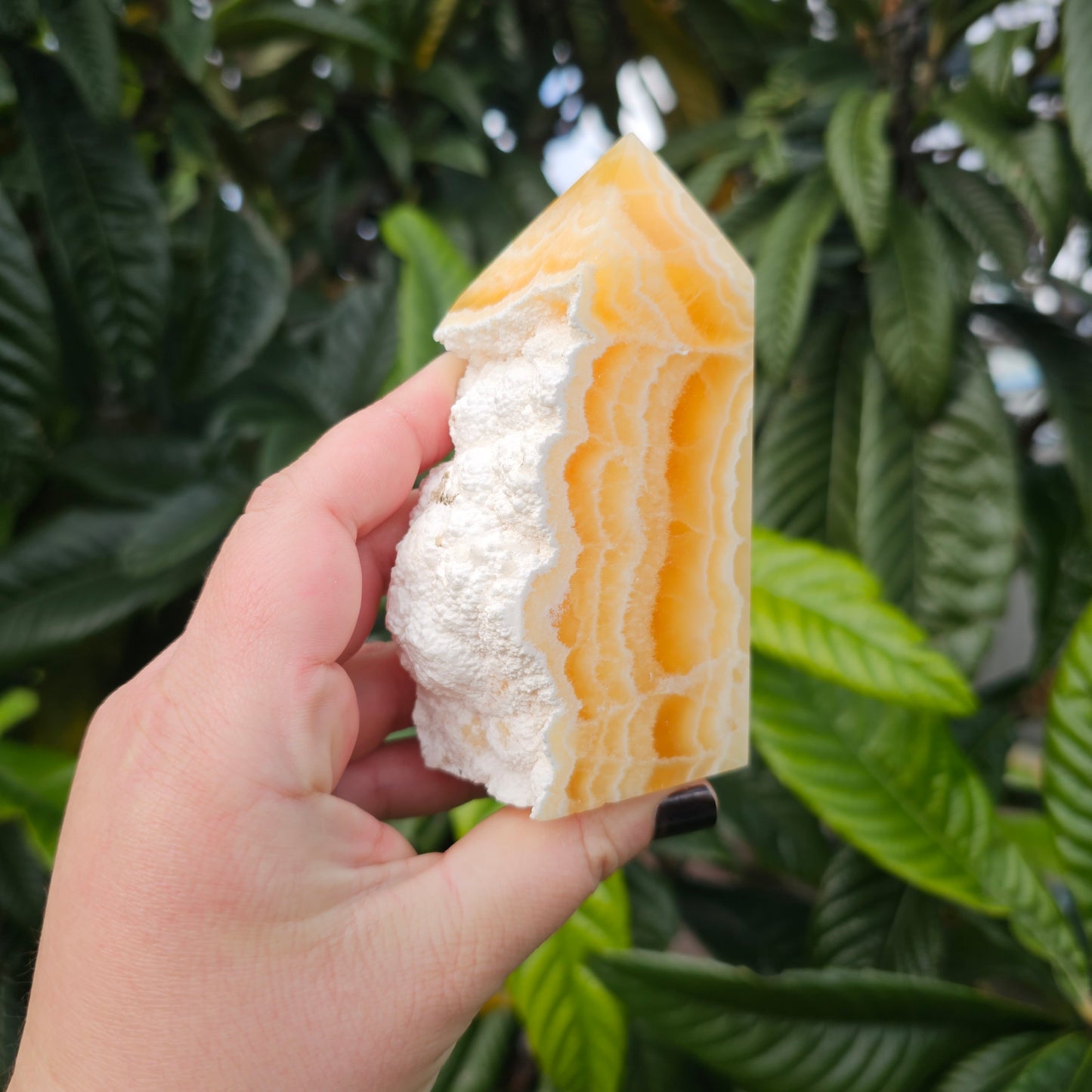 Polished yellow calcite slab tower with raw edge and beautiful banding.  Approx. 11.3 x 6 x 3.4  Approx. 415g | Birthday Gifts, Anniversary Gifts, Valentine's Day, Christmas, Easter, Eid, Mother's Day, Diwali, Hannukah, Women's, Girl's, Gifts for her, Gifts for Girlfriend, Gifts for Mom, Gifts for Mum, Gifts for Friend, Handmade Gifts, Handmade Jewelry, New Year's Eve, Graduation, Boho, Hippie, Minimalist, Gemstone, Crystal, Crystal Healing