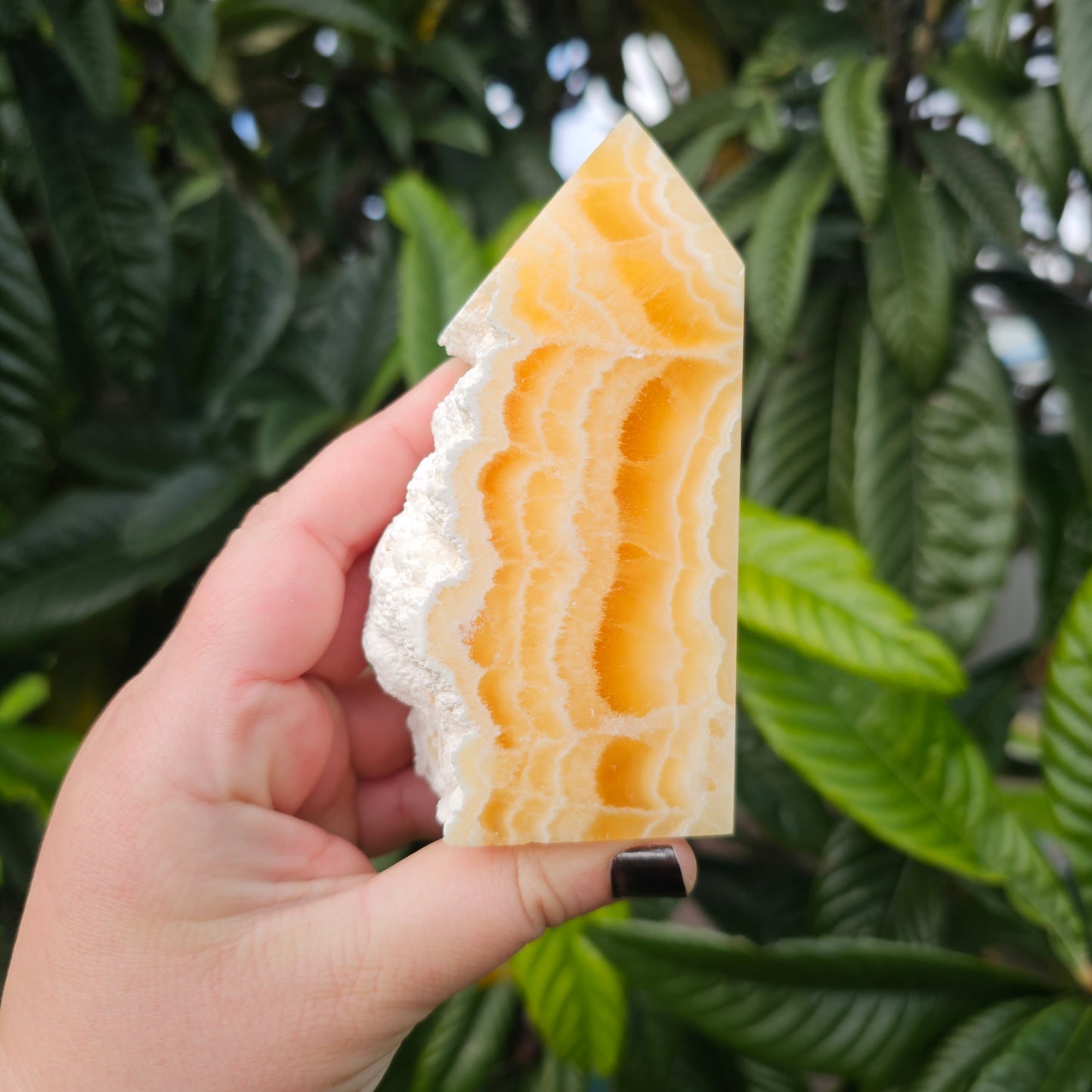 Polished yellow calcite slab tower with raw edge and beautiful banding.  Approx. 11.3 x 6 x 3.4  Approx. 415g | Birthday Gifts, Anniversary Gifts, Valentine's Day, Christmas, Easter, Eid, Mother's Day, Diwali, Hannukah, Women's, Girl's, Gifts for her, Gifts for Girlfriend, Gifts for Mom, Gifts for Mum, Gifts for Friend, Handmade Gifts, Handmade Jewelry, New Year's Eve, Graduation, Boho, Hippie, Minimalist, Gemstone, Crystal, Crystal Healing