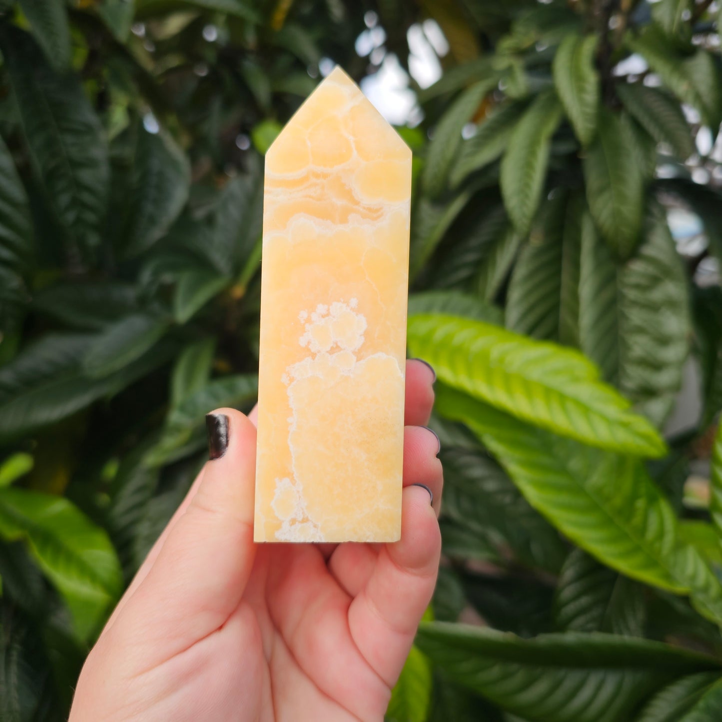 Polished yellow calcite slab tower with raw edge and beautiful banding.  Approx. 11.3 x 6 x 3.4  Approx. 415g | Birthday Gifts, Anniversary Gifts, Valentine's Day, Christmas, Easter, Eid, Mother's Day, Diwali, Hannukah, Women's, Girl's, Gifts for her, Gifts for Girlfriend, Gifts for Mom, Gifts for Mum, Gifts for Friend, Handmade Gifts, Handmade Jewelry, New Year's Eve, Graduation, Boho, Hippie, Minimalist, Gemstone, Crystal, Crystal Healing