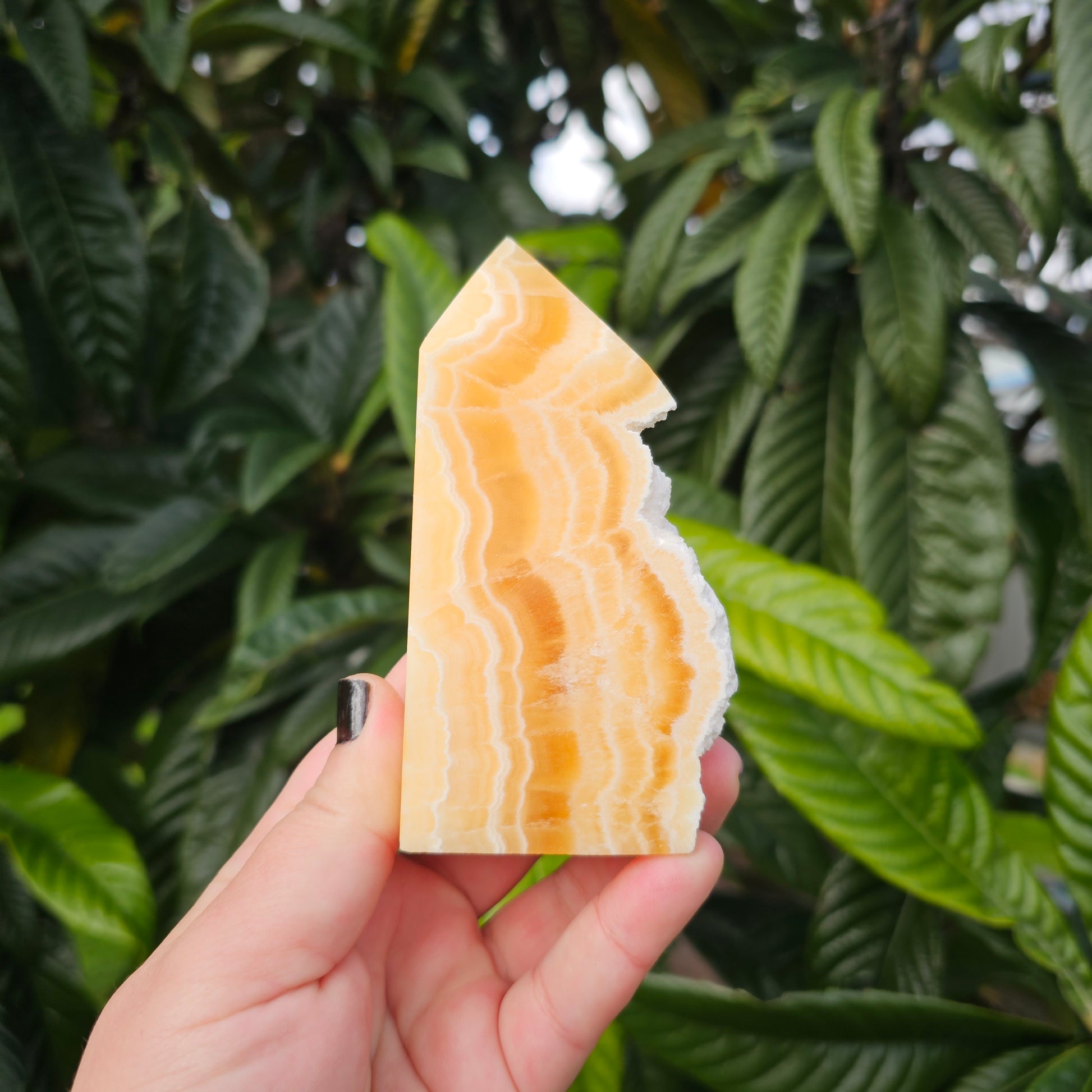 Polished yellow calcite slab tower with raw edge and beautiful banding.  Approx. 11.3 x 6 x 3.4  Approx. 415g | Birthday Gifts, Anniversary Gifts, Valentine's Day, Christmas, Easter, Eid, Mother's Day, Diwali, Hannukah, Women's, Girl's, Gifts for her, Gifts for Girlfriend, Gifts for Mom, Gifts for Mum, Gifts for Friend, Handmade Gifts, Handmade Jewelry, New Year's Eve, Graduation, Boho, Hippie, Minimalist, Gemstone, Crystal, Crystal Healing