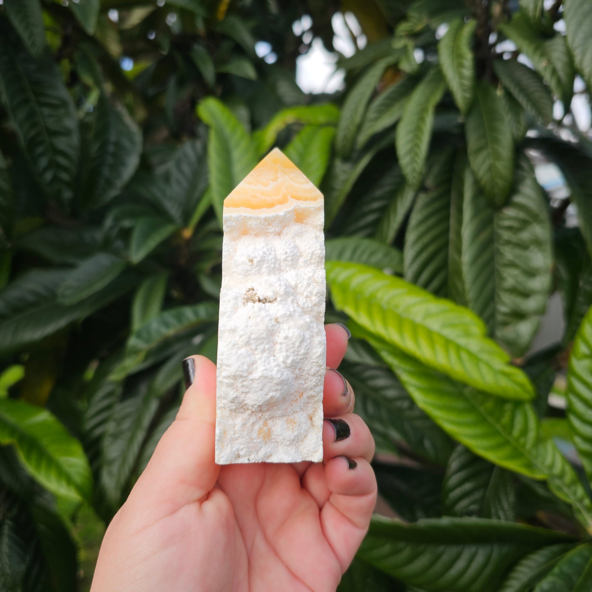 Polished yellow calcite slab tower with raw edge and beautiful banding.  Approx. 11.3 x 6 x 3.4  Approx. 415g | Birthday Gifts, Anniversary Gifts, Valentine's Day, Christmas, Easter, Eid, Mother's Day, Diwali, Hannukah, Women's, Girl's, Gifts for her, Gifts for Girlfriend, Gifts for Mom, Gifts for Mum, Gifts for Friend, Handmade Gifts, Handmade Jewelry, New Year's Eve, Graduation, Boho, Hippie, Minimalist, Gemstone, Crystal, Crystal Healing