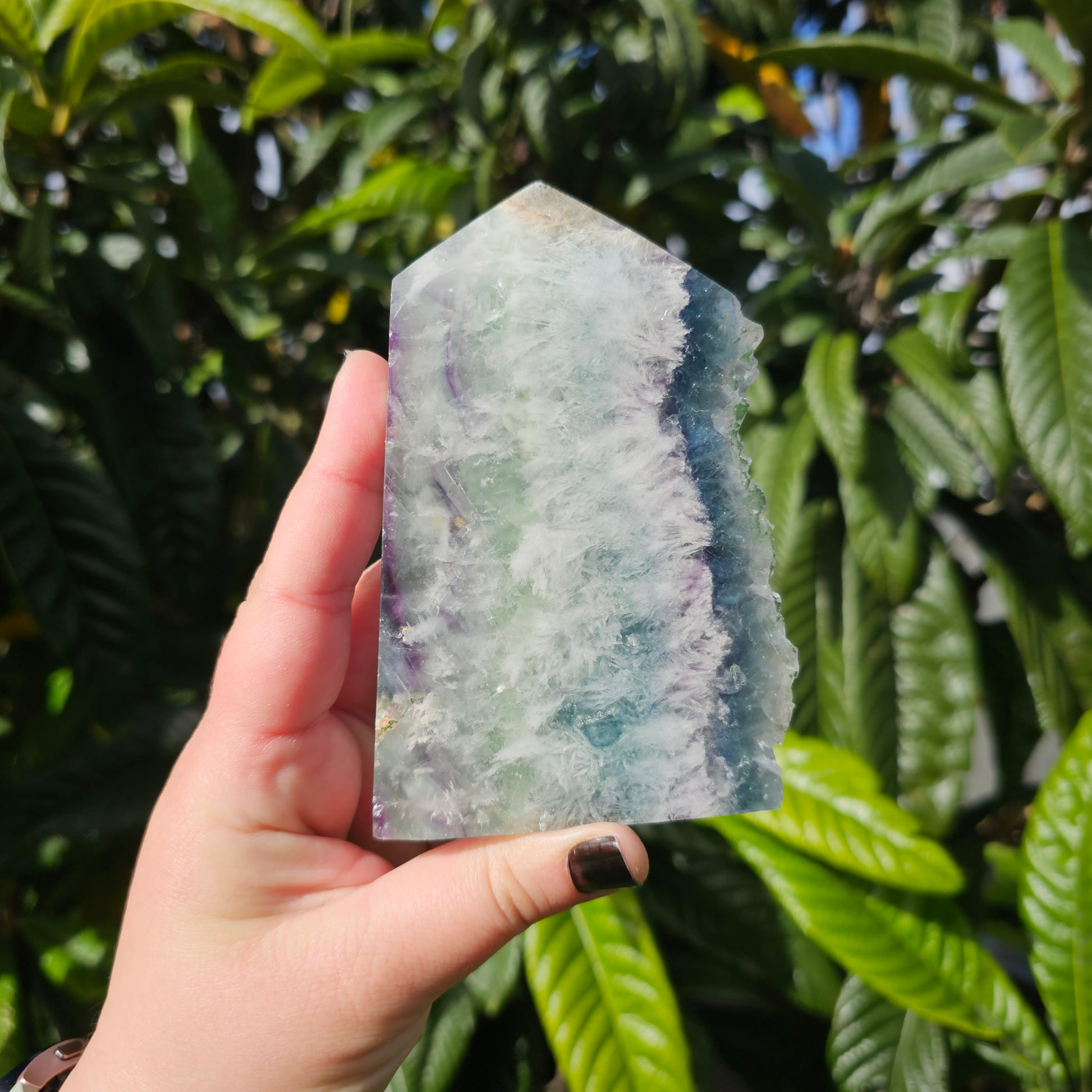 Polished Fluorite slab tower with raw edge.  Approx. 12.1 x 7.8 x 2.4  Approx. 535g | Birthday Gifts, Anniversary Gifts, Valentine's Day, Christmas, Easter, Eid, Mother's Day, Diwali, Hannukah, Women's, Girl's, Gifts for her, Gifts for Girlfriend, Gifts for Mom, Gifts for Mum, Gifts for Friend, Handmade Gifts, Handmade Jewelry, New Year's Eve, Graduation, Boho, Hippie, Minimalist, Gemstone, Crystal, Crystal Healing