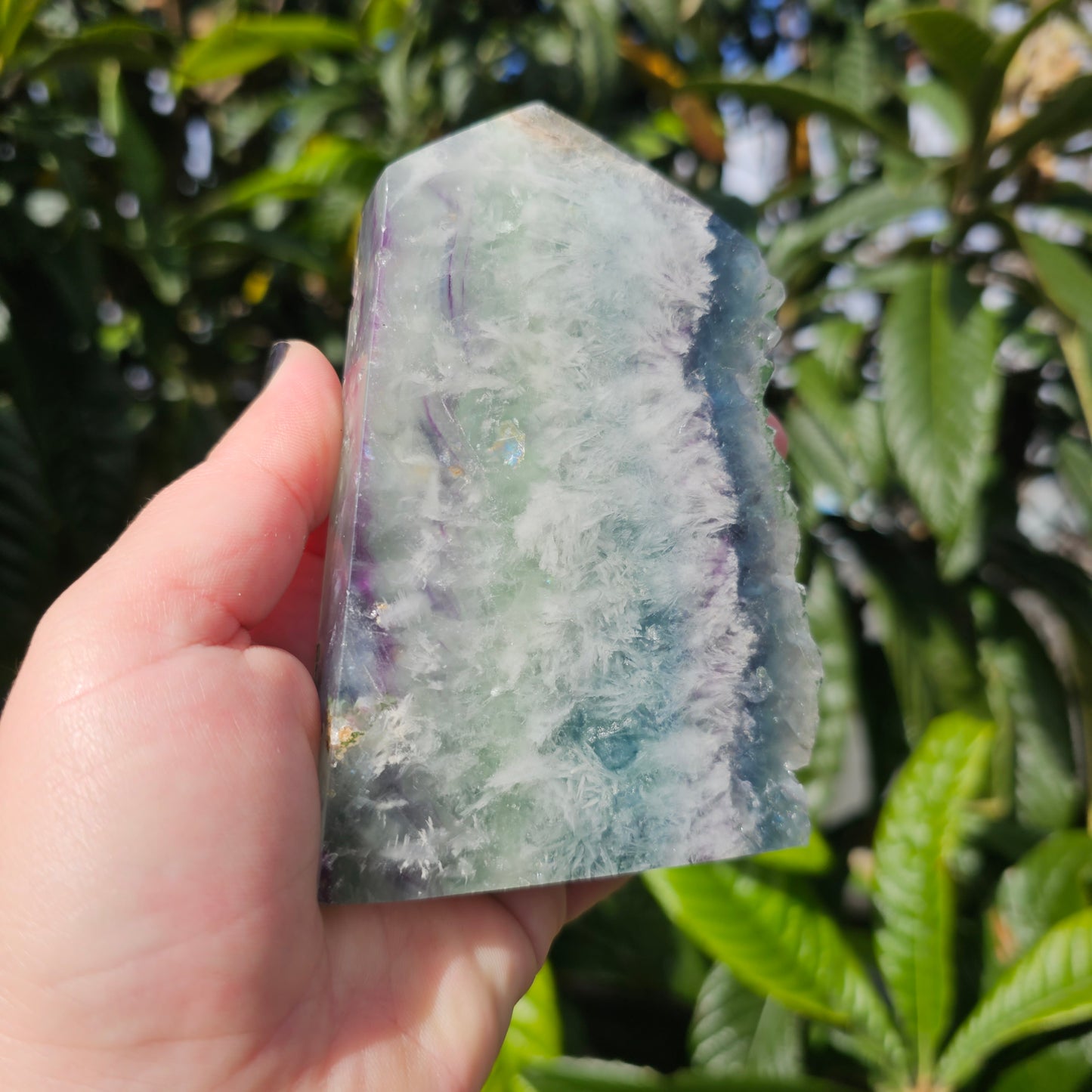 Polished Fluorite slab tower with raw edge.  Approx. 12.1 x 7.8 x 2.4  Approx. 535g | Birthday Gifts, Anniversary Gifts, Valentine's Day, Christmas, Easter, Eid, Mother's Day, Diwali, Hannukah, Women's, Girl's, Gifts for her, Gifts for Girlfriend, Gifts for Mom, Gifts for Mum, Gifts for Friend, Handmade Gifts, Handmade Jewelry, New Year's Eve, Graduation, Boho, Hippie, Minimalist, Gemstone, Crystal, Crystal Healing