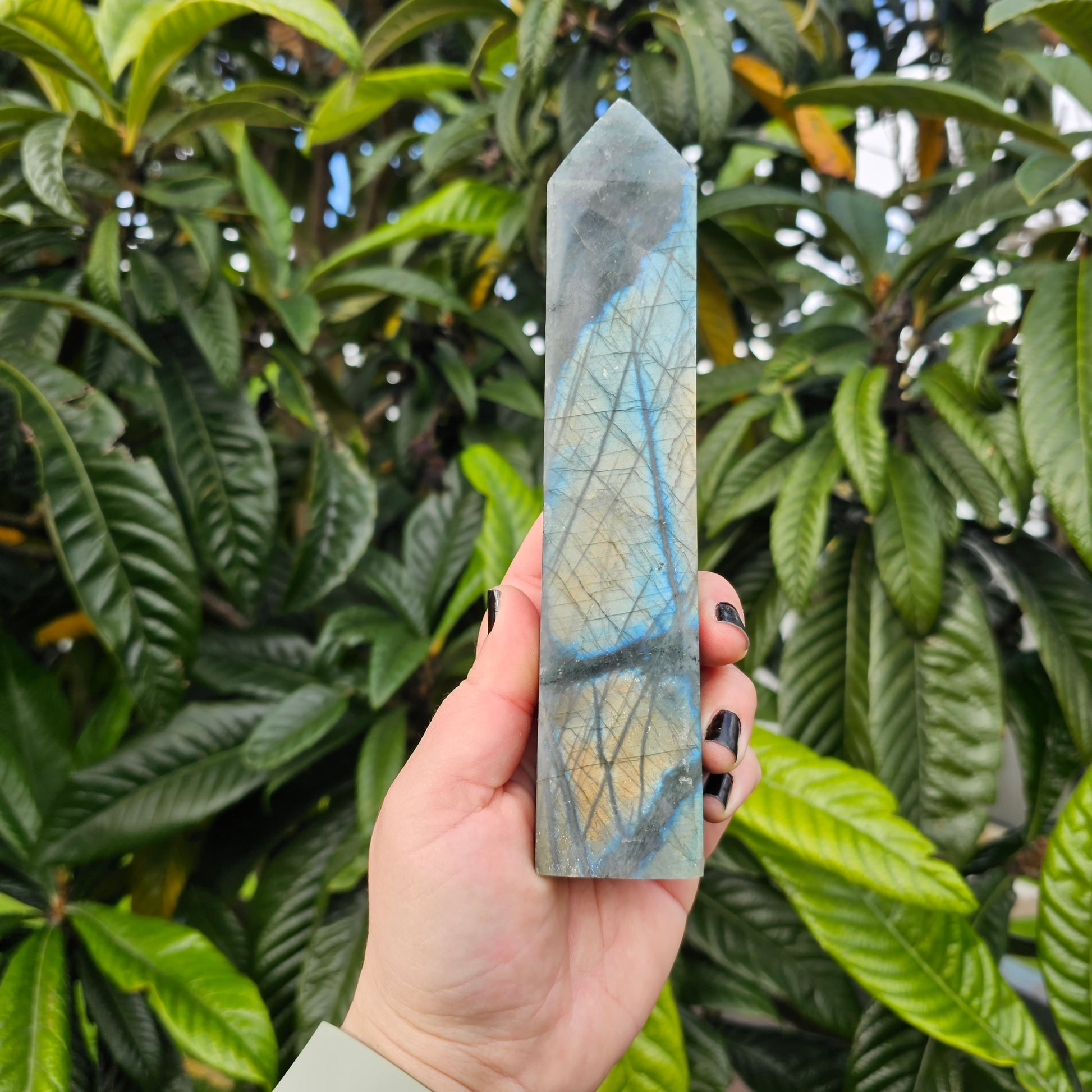 High silver blue flash Labradorite tower 1 Approx. 18.7 x 4 x 2.5  Approx. 432g | Birthday Gifts, Anniversary Gifts, Valentine's Day, Christmas, Easter, Eid, Mother's Day, Diwali, Hannukah, Women's, Girl's, Gifts for her, Gifts for Girlfriend, Gifts for Mom, Gifts for Mum, Gifts for Friend, Handmade Gifts, Handmade Jewelry, New Year's Eve, Graduation, Boho, Hippie, Minimalist, Gemstone, Crystal, Crystal Healing