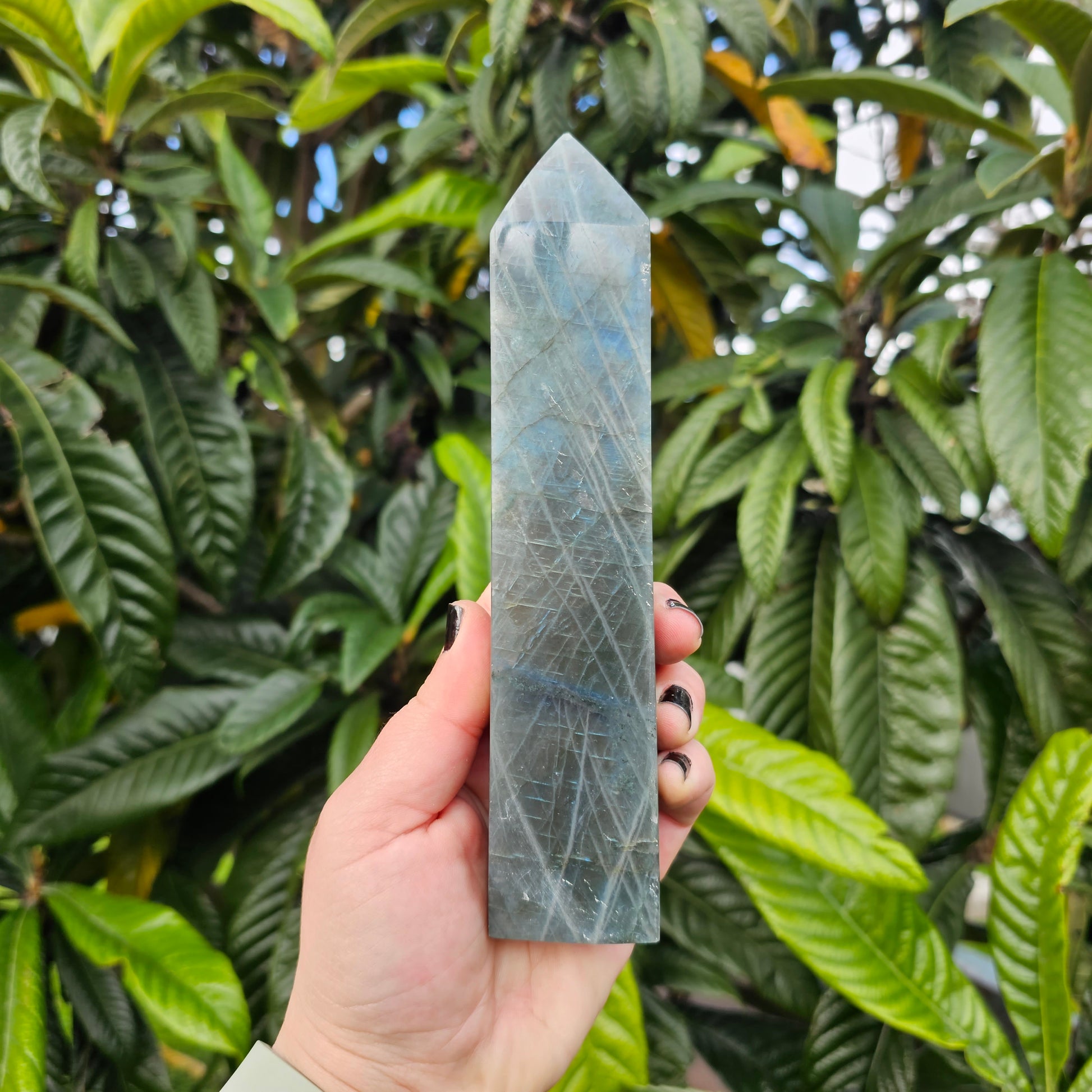 High silver blue flash Labradorite tower 1 Approx. 18.7 x 4 x 2.5  Approx. 432g | Birthday Gifts, Anniversary Gifts, Valentine's Day, Christmas, Easter, Eid, Mother's Day, Diwali, Hannukah, Women's, Girl's, Gifts for her, Gifts for Girlfriend, Gifts for Mom, Gifts for Mum, Gifts for Friend, Handmade Gifts, Handmade Jewelry, New Year's Eve, Graduation, Boho, Hippie, Minimalist, Gemstone, Crystal, Crystal Healing