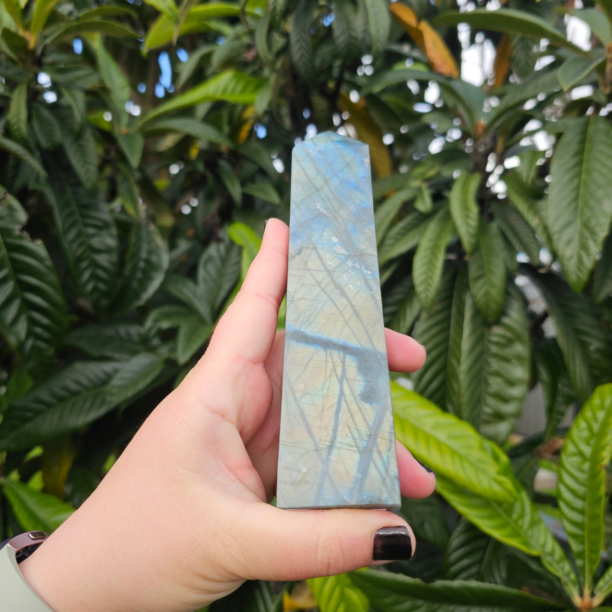 High silver blue flash Labradorite tower 1 Approx. 18.7 x 4 x 2.5  Approx. 432g | Birthday Gifts, Anniversary Gifts, Valentine's Day, Christmas, Easter, Eid, Mother's Day, Diwali, Hannukah, Women's, Girl's, Gifts for her, Gifts for Girlfriend, Gifts for Mom, Gifts for Mum, Gifts for Friend, Handmade Gifts, Handmade Jewelry, New Year's Eve, Graduation, Boho, Hippie, Minimalist, Gemstone, Crystal, Crystal Healing