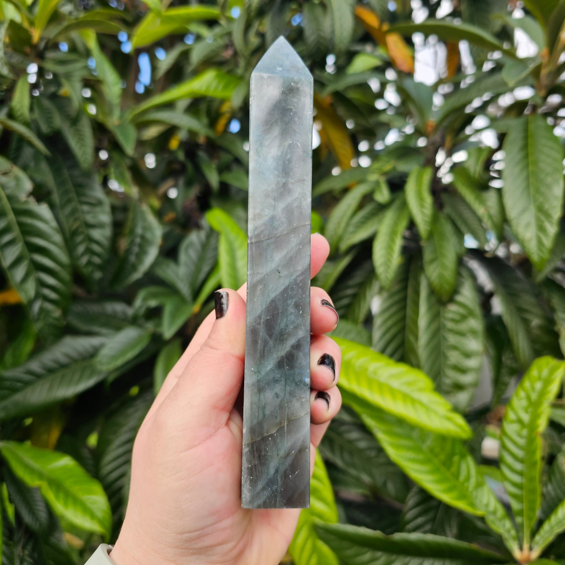 High silver blue flash Labradorite tower 1 Approx. 18.7 x 4 x 2.5  Approx. 432g | Birthday Gifts, Anniversary Gifts, Valentine's Day, Christmas, Easter, Eid, Mother's Day, Diwali, Hannukah, Women's, Girl's, Gifts for her, Gifts for Girlfriend, Gifts for Mom, Gifts for Mum, Gifts for Friend, Handmade Gifts, Handmade Jewelry, New Year's Eve, Graduation, Boho, Hippie, Minimalist, Gemstone, Crystal, Crystal Healing