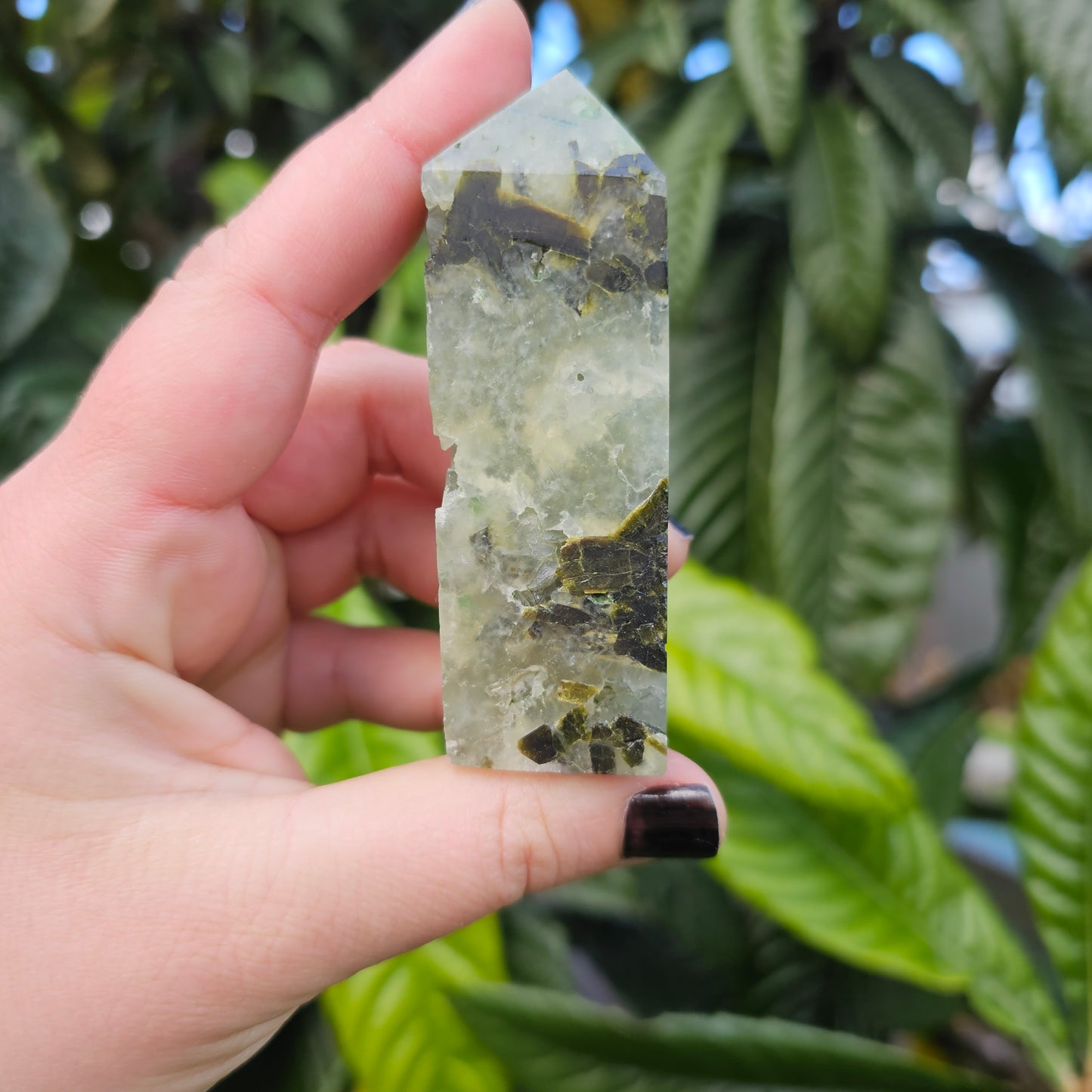 Prehnite and Epidote Tower Obelisk 2 Approx. 8.5 x 2.7 x 2.5 Approx. 131g | Birthday Gifts, Anniversary Gifts, Valentine's Day, Christmas, Easter, Eid, Mother's Day, Diwali, Hannukah, Women's, Girl's, Gifts for her, Gifts for Girlfriend, Gifts for Mom, Gifts for Mum, Gifts for Friend, Handmade Gifts, Handmade Jewelry, New Year's Eve, Graduation, Boho, Hippie, Minimalist, Gemstone, Crystal, Crystal Healing