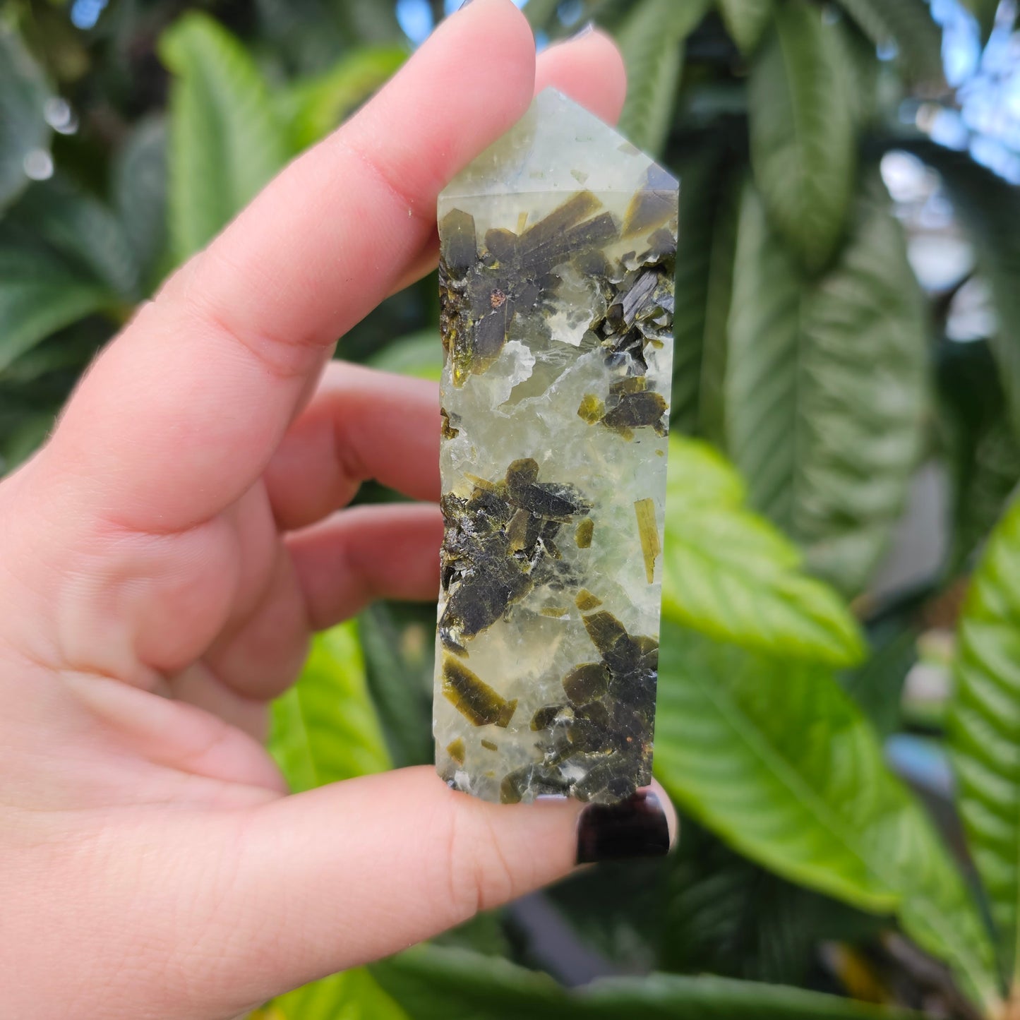 Prehnite and Epidote Tower Obelisk 2 Approx. 8.5 x 2.7 x 2.5 Approx. 131g | Birthday Gifts, Anniversary Gifts, Valentine's Day, Christmas, Easter, Eid, Mother's Day, Diwali, Hannukah, Women's, Girl's, Gifts for her, Gifts for Girlfriend, Gifts for Mom, Gifts for Mum, Gifts for Friend, Handmade Gifts, Handmade Jewelry, New Year's Eve, Graduation, Boho, Hippie, Minimalist, Gemstone, Crystal, Crystal Healing