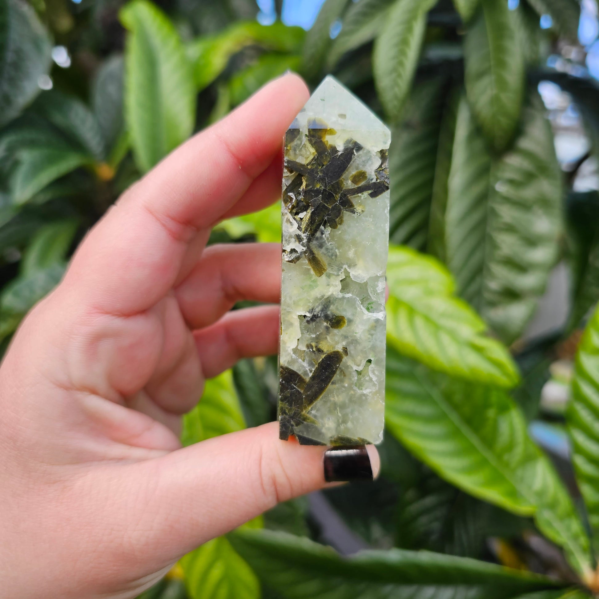 Prehnite and Epidote Tower Obelisk 2 Approx. 8.5 x 2.7 x 2.5 Approx. 131g | Birthday Gifts, Anniversary Gifts, Valentine's Day, Christmas, Easter, Eid, Mother's Day, Diwali, Hannukah, Women's, Girl's, Gifts for her, Gifts for Girlfriend, Gifts for Mom, Gifts for Mum, Gifts for Friend, Handmade Gifts, Handmade Jewelry, New Year's Eve, Graduation, Boho, Hippie, Minimalist, Gemstone, Crystal, Crystal Healing