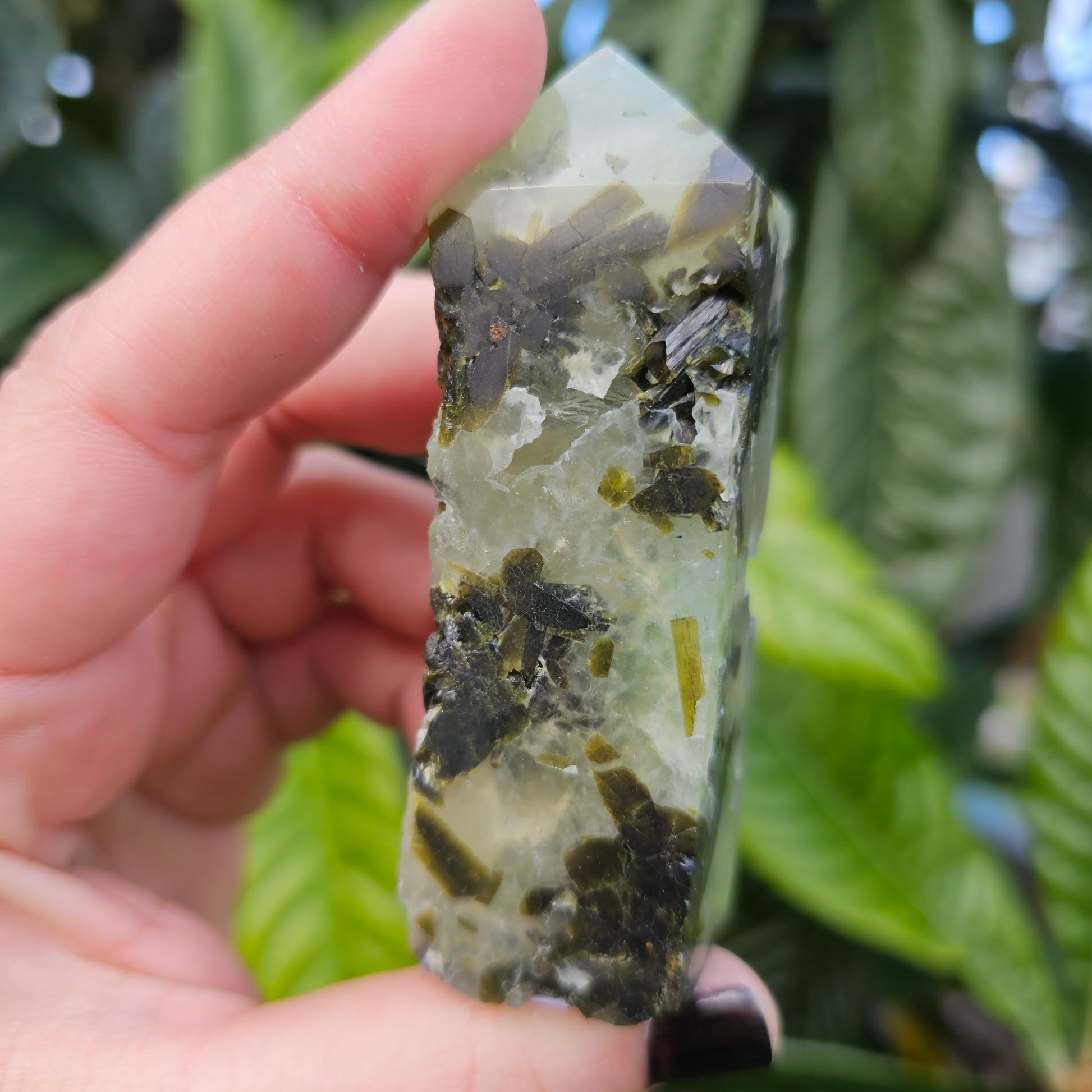 Prehnite and Epidote Tower Obelisk 2 Approx. 8.5 x 2.7 x 2.5 Approx. 131g | Birthday Gifts, Anniversary Gifts, Valentine's Day, Christmas, Easter, Eid, Mother's Day, Diwali, Hannukah, Women's, Girl's, Gifts for her, Gifts for Girlfriend, Gifts for Mom, Gifts for Mum, Gifts for Friend, Handmade Gifts, Handmade Jewelry, New Year's Eve, Graduation, Boho, Hippie, Minimalist, Gemstone, Crystal, Crystal Healing