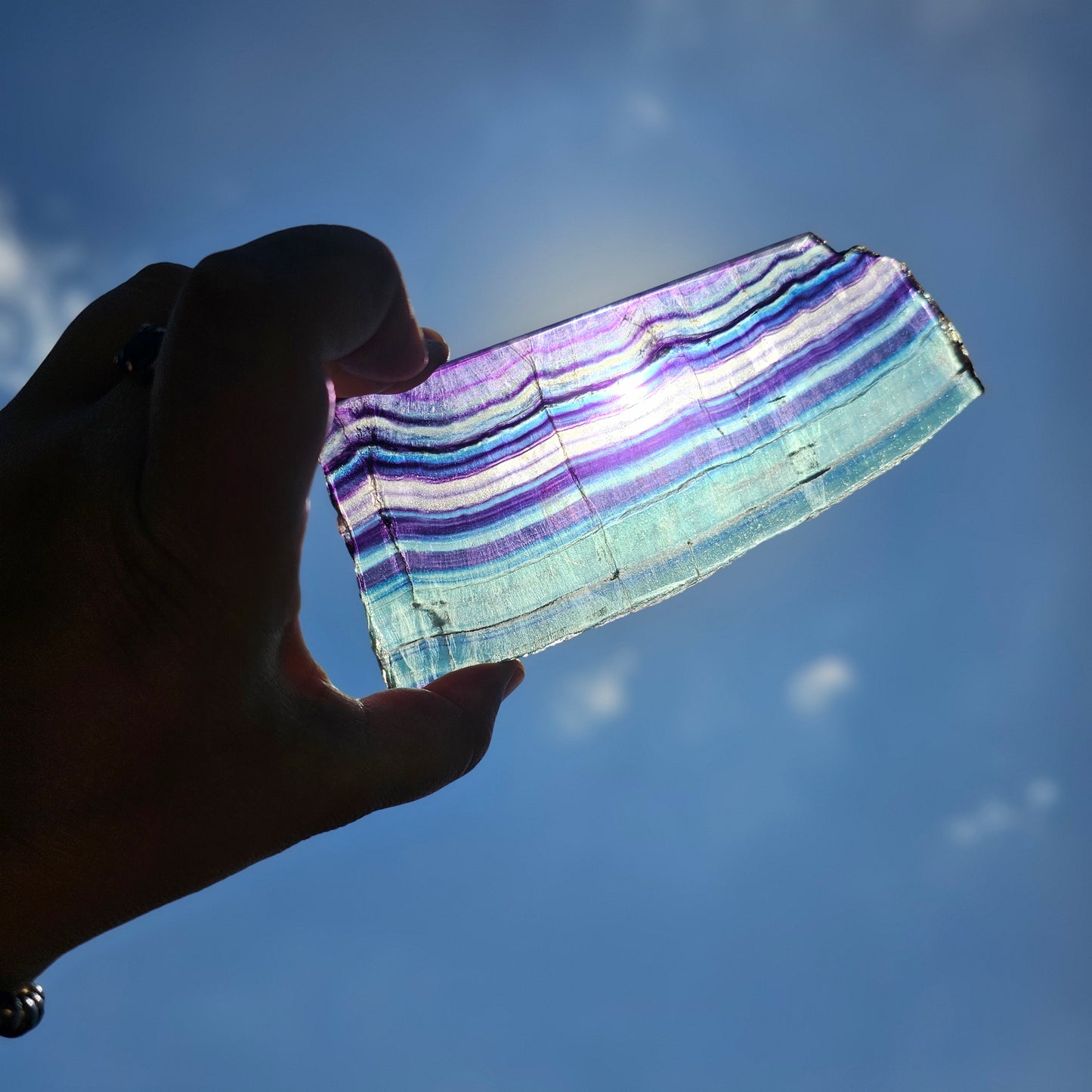 Beautiful transparent Rainbow Fluorite slab.  Approx. 16cm L x 6.5cm W