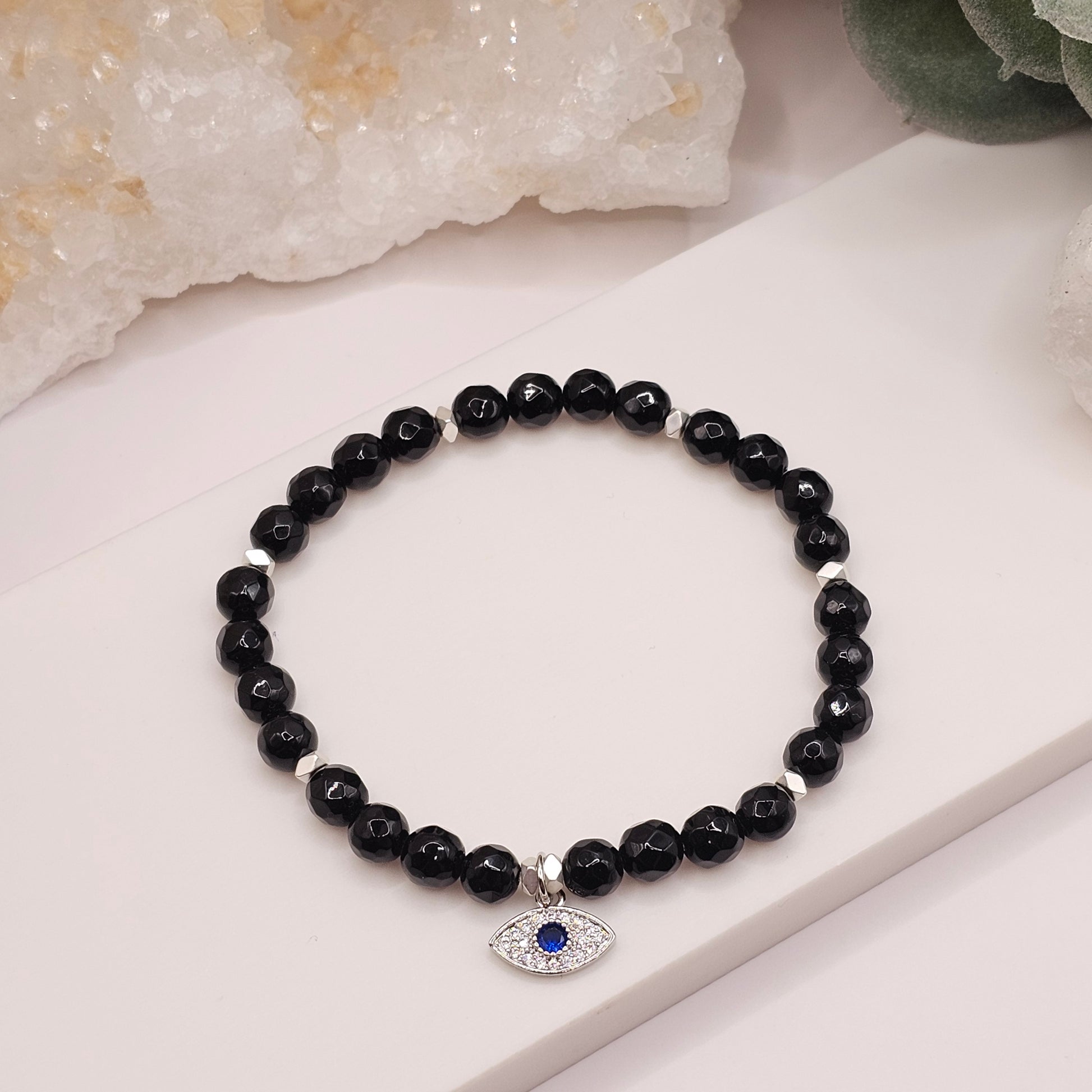 Double Protection Bracelet - Onyx Platinum Plated Evil Eye Stretch Bracelet