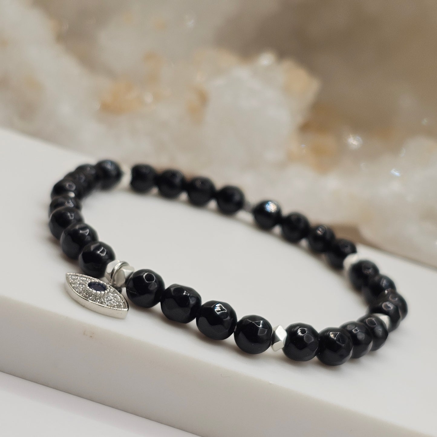 Double Protection Bracelet - Onyx Platinum Plated Evil Eye Stretch Bracelet