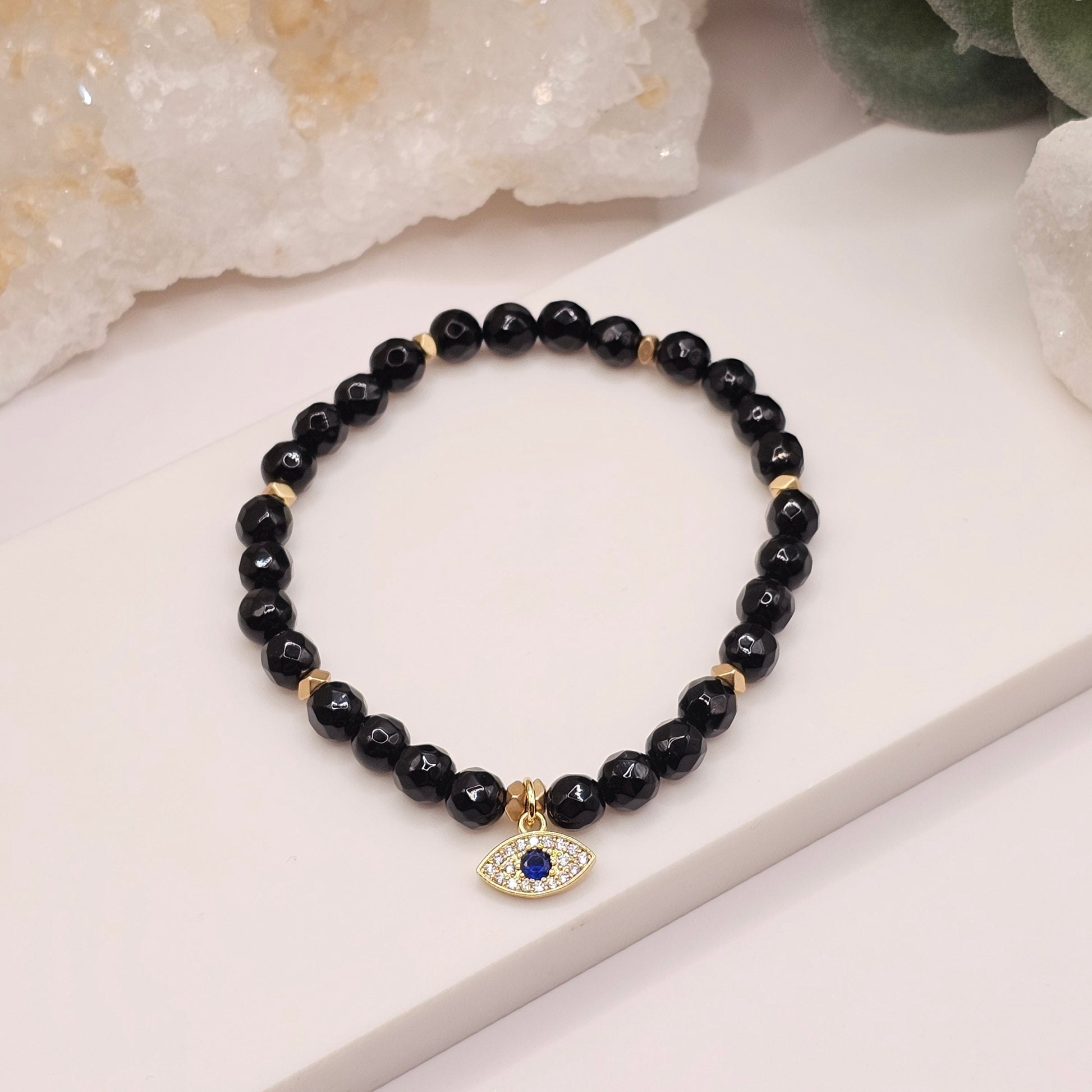 Double Protection Bracelet - Onyx 18k Gold Plated Evil Eye Stretch Bracelet