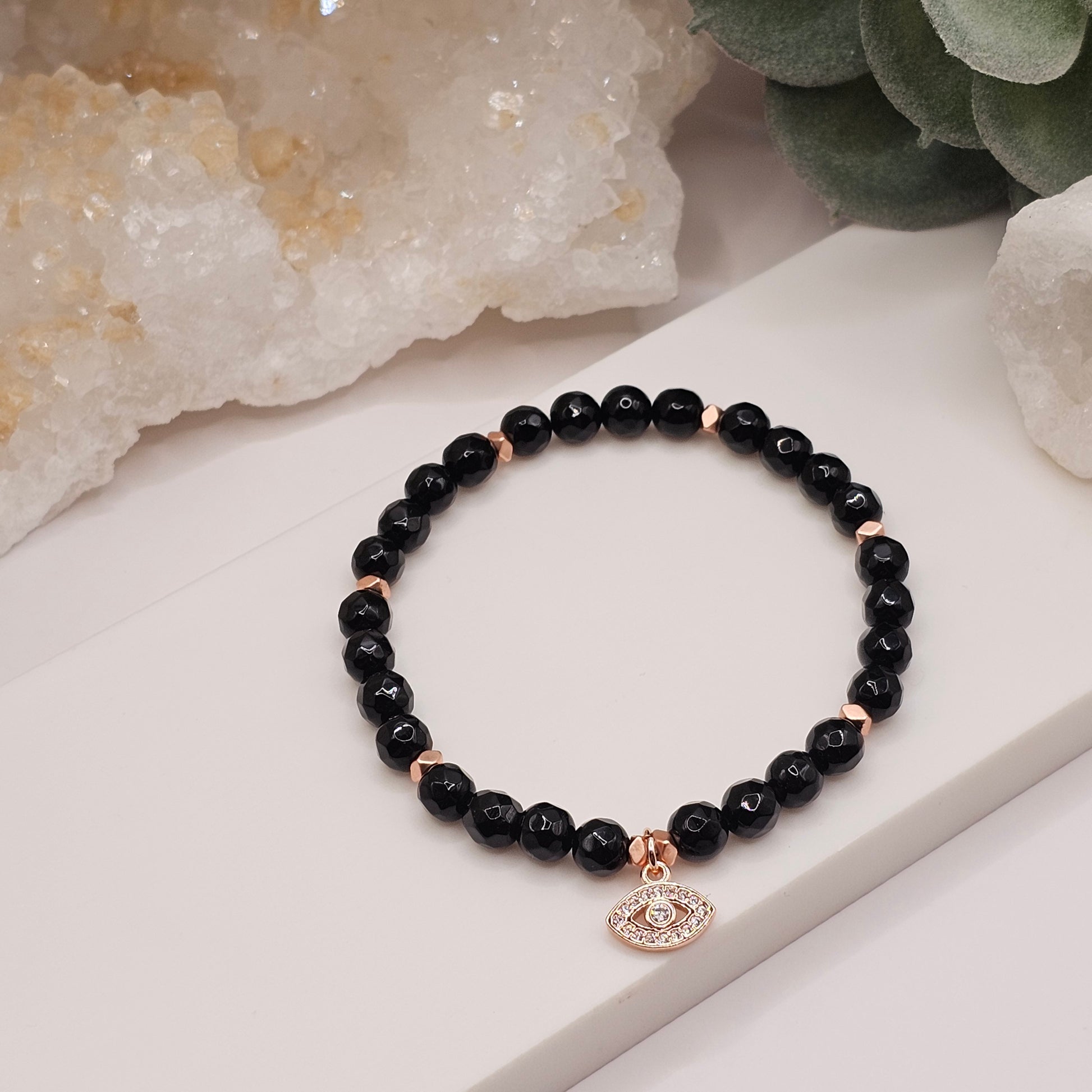 Double Protection Bracelet - Onyx Rose Gold Plated Evil Eye Stretch Bracelet