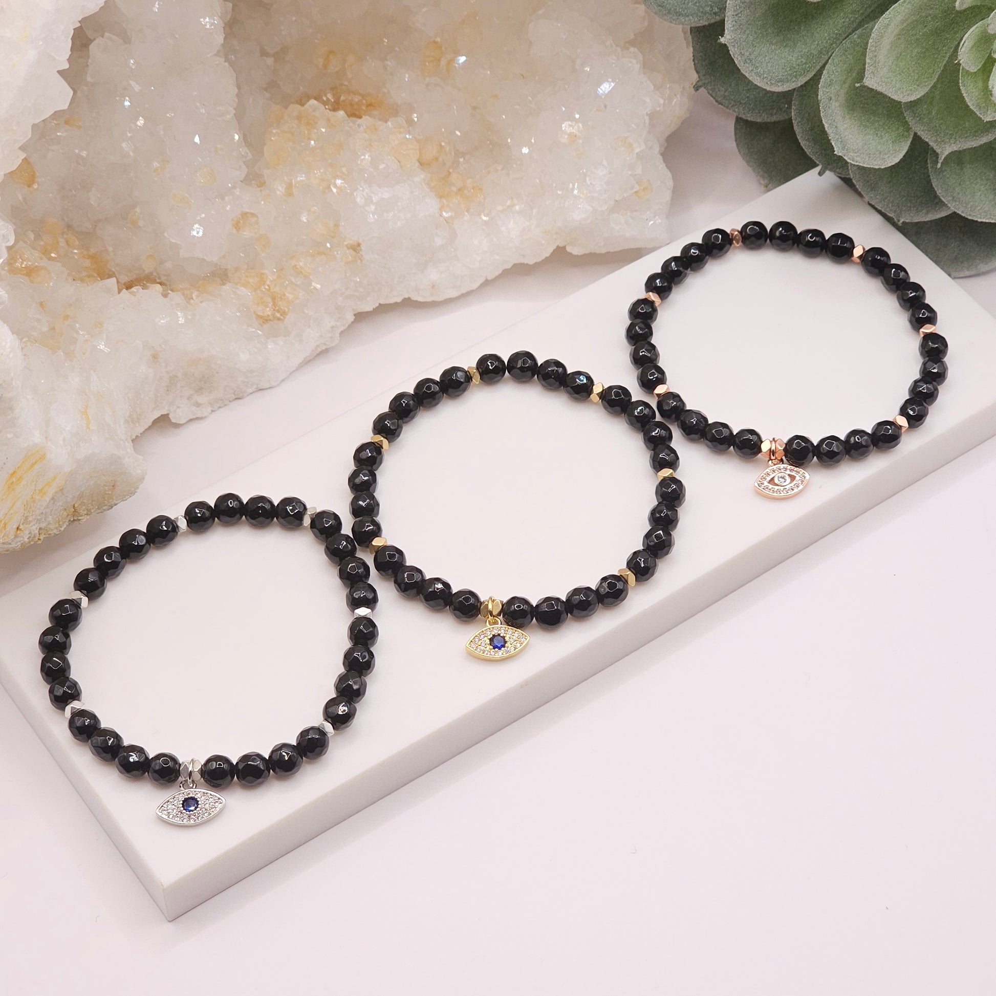 Double Protection Bracelet - Onyx Evil Eye Stretch Bracelet