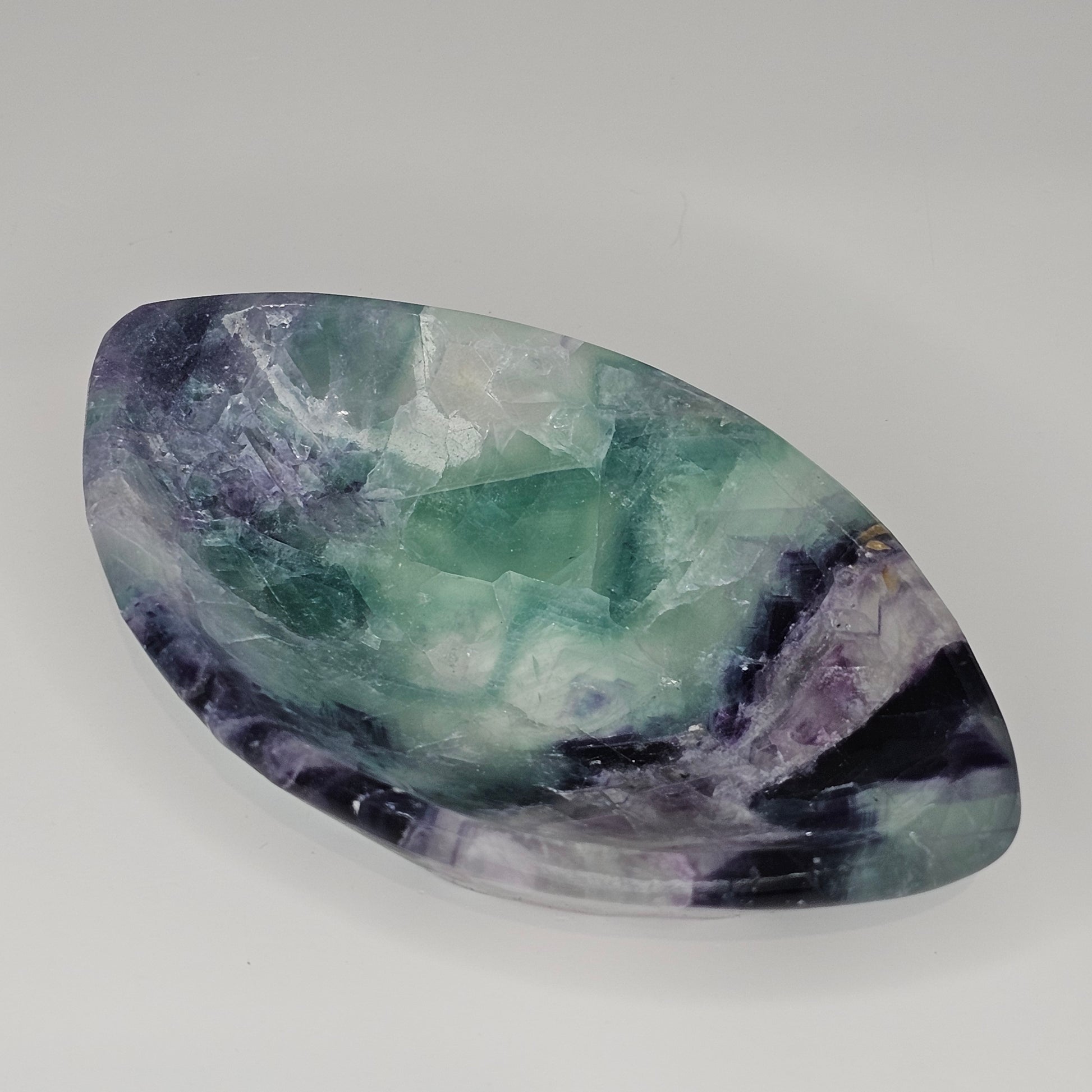 Beautiful Marquise shape Rainbow Fluorite trinket dish with rainbows.