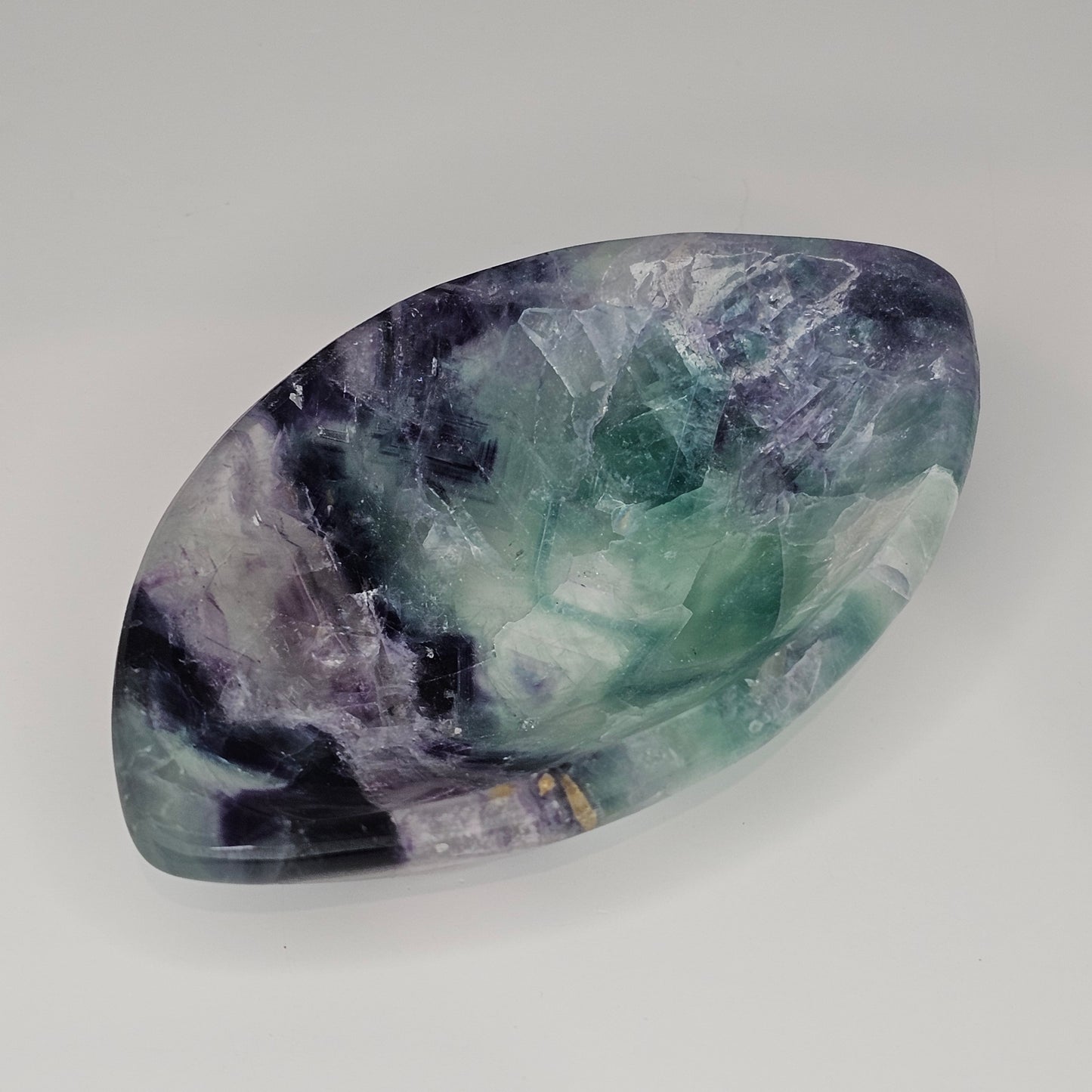 Beautiful Marquise shape Rainbow Fluorite trinket dish with rainbows.