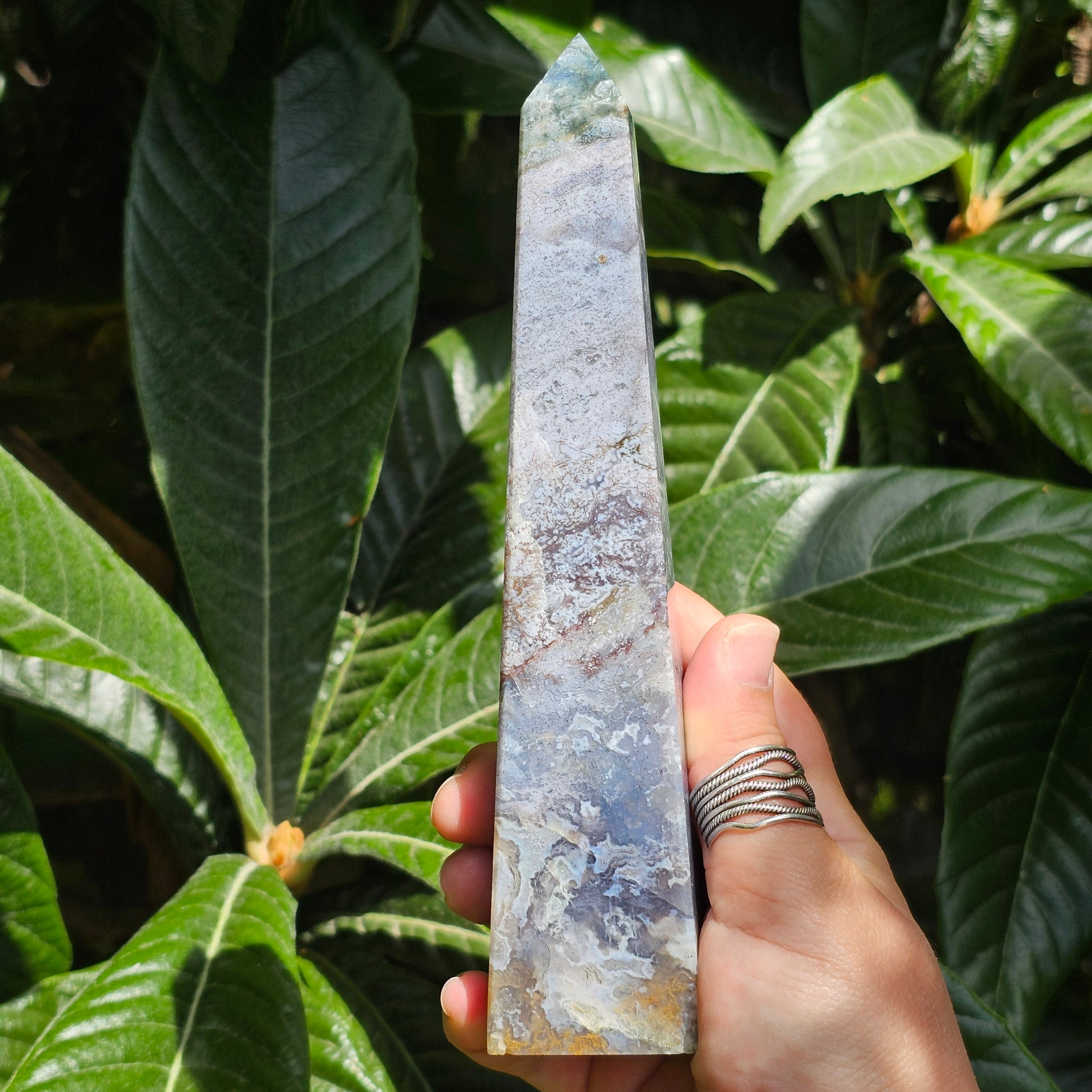 Beautiful tall purple Moss Agate obelisk with druzy and amazing details