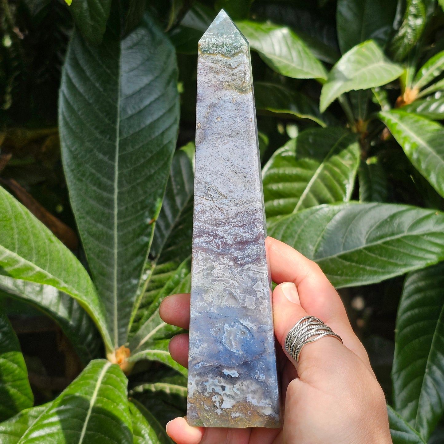 Beautiful tall purple Moss Agate obelisk with druzy and amazing details