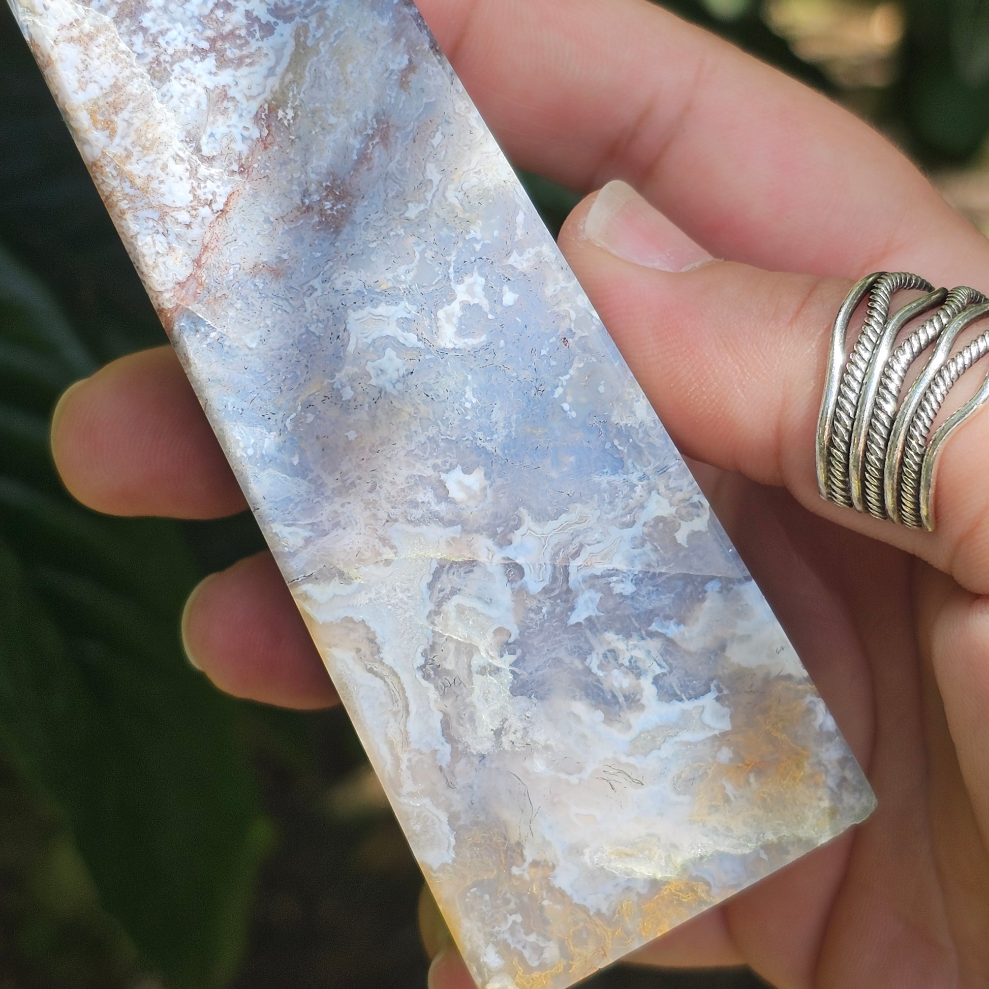 Beautiful tall purple Moss Agate obelisk with druzy and amazing details