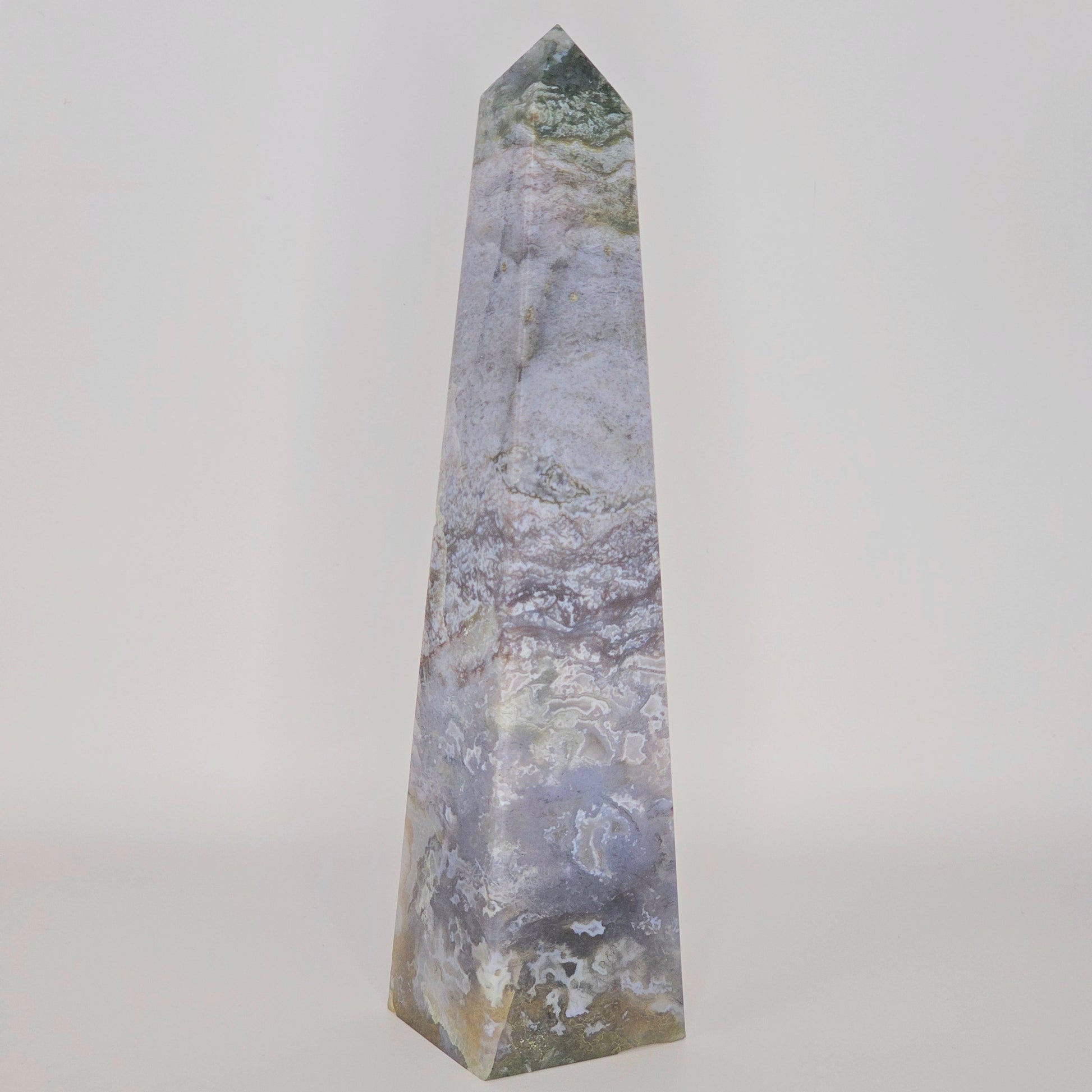 Beautiful tall purple Moss Agate obelisk with druzy and amazing details