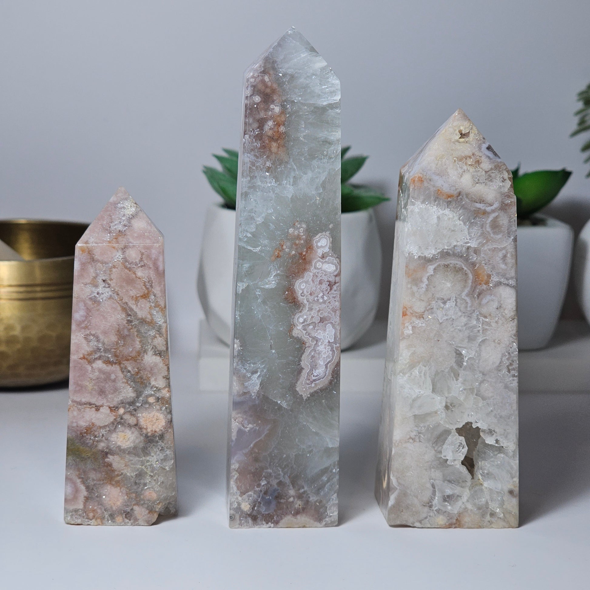 Gorgeous Flower Agate and Quartz obelisks.