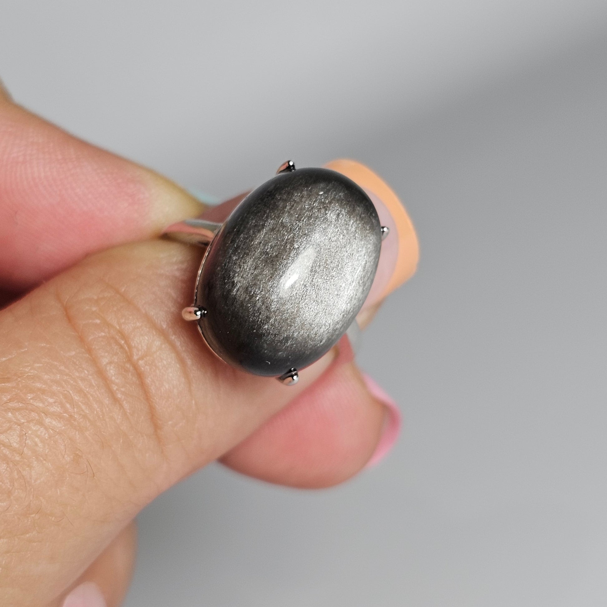 Silver Sheen Obsidian 925 Silver Adjustable Ring