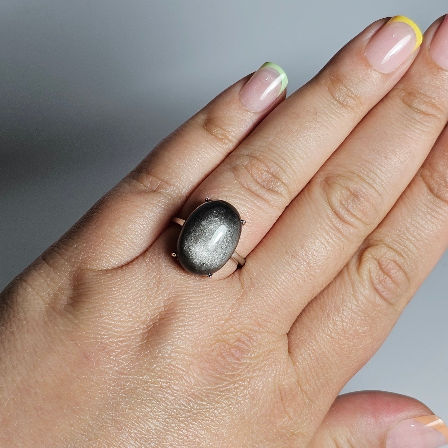 Silver Sheen Obsidian 925 Silver Adjustable Ring