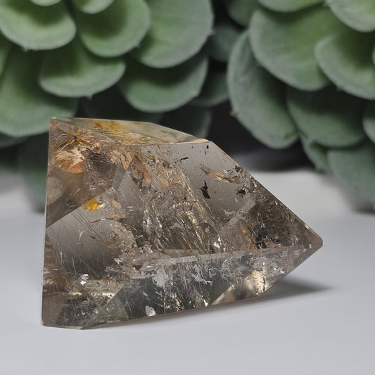 Smoky Quartz Golden Rutile Freeform With Hematite Inclusion