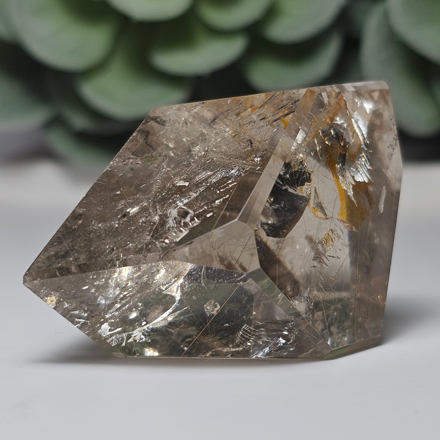 Smoky Quartz Golden Rutile Freeform With Hematite Inclusion