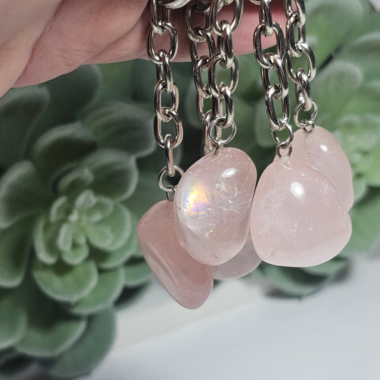 Polished Rose Quartz keychain.