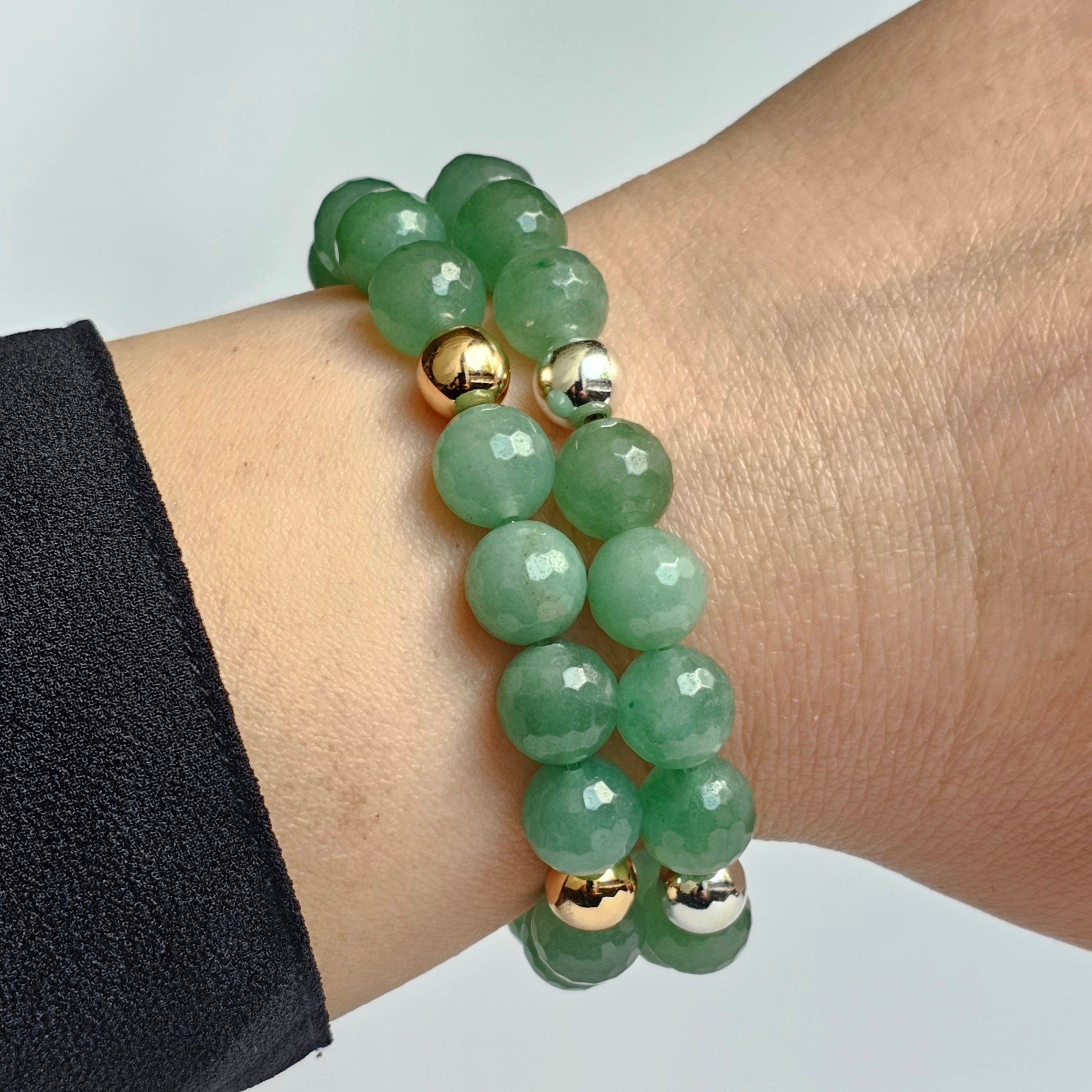 10mm Faceted stunning Green Aventurine and gold or silver plated Hematite bead stretch bracelet.