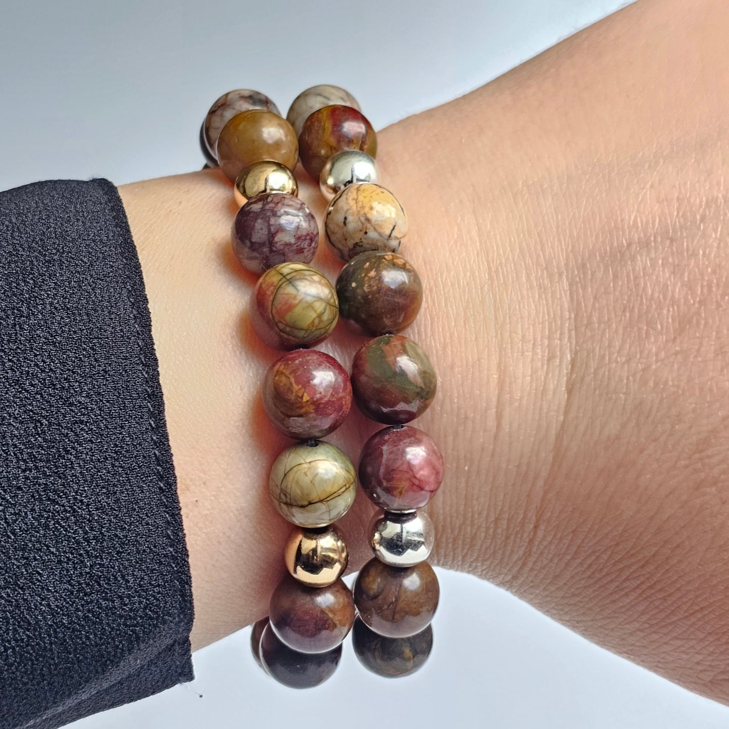 Earthy 10mm Picasso Jasper and gold or silver plated Hematite bead stretch bracelet