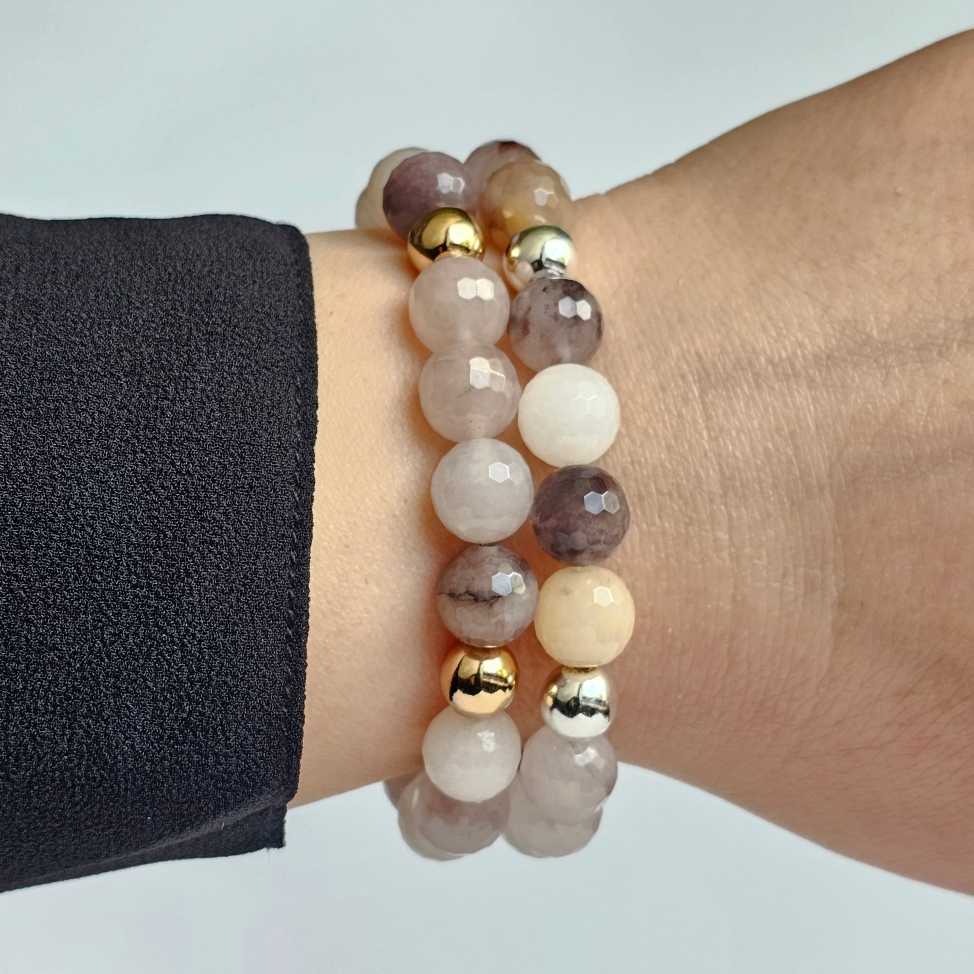 10mm faceted beautiful Quartz and gold or silver plated Hematite bead stretch bracelet.