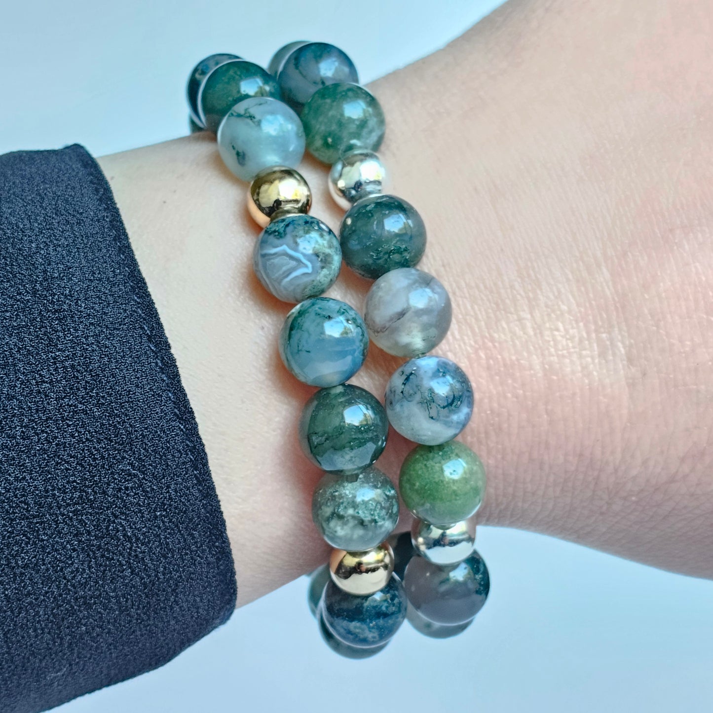 10mm Mesmerising Moss Agate and gold or silver plated Hematite bead stretch bracelet.