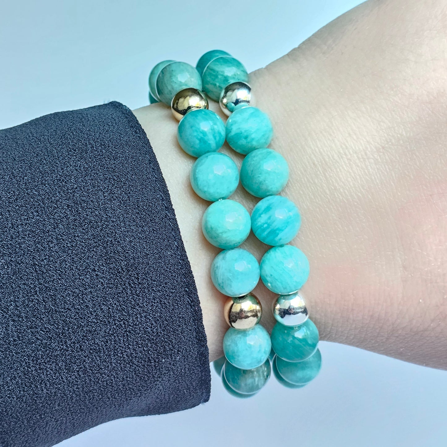 10mm Captivating Amazonite and gold or silver plated Hematite bead stretch bracelet.