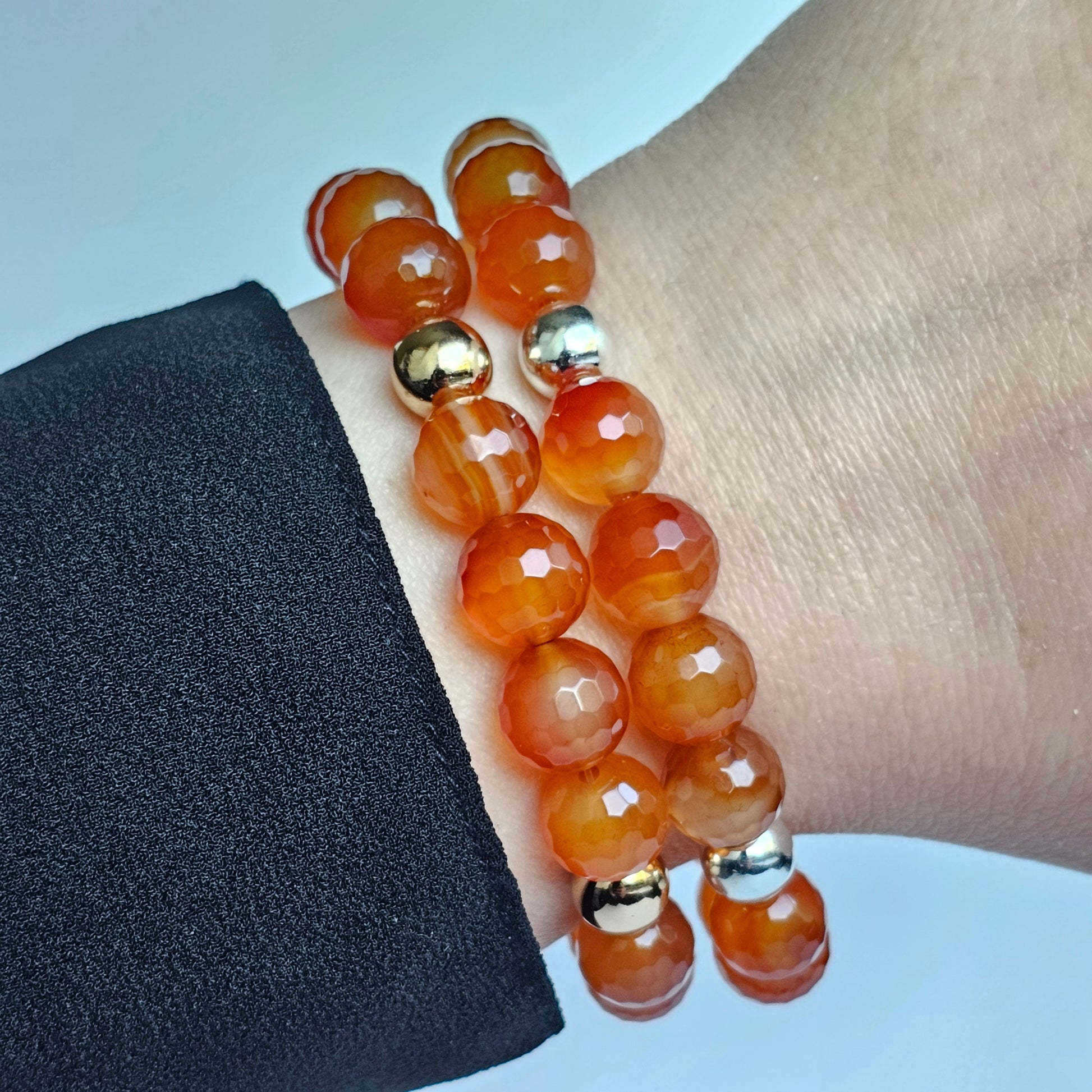 10mm Faceted gorgeous Carnelian and gold or silver plated Hematite bead stretch bracelet.