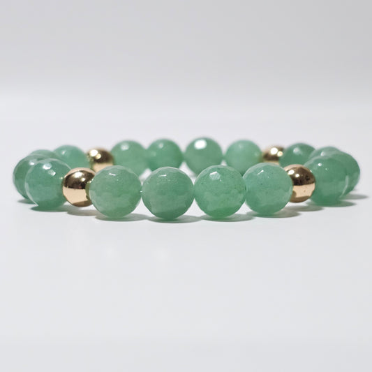 10mm Faceted stunning Green Aventurine and gold plated Hematite bead stretch bracelet.